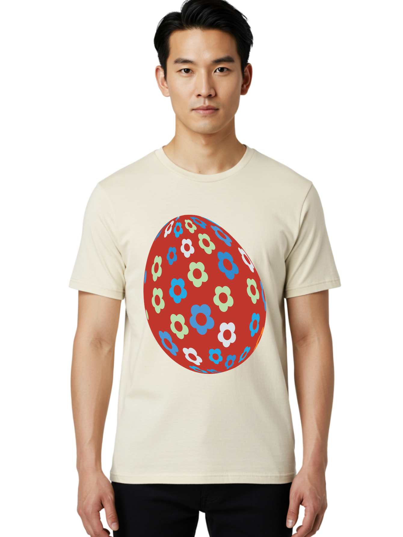 Easter-Egg-1 Men'S Graphic Tee, 100% Cotton, Comfortable Casual Summer Wear, Machine Washable, Easter Egg, Floral Pattern, Colorful Flowers, Red Egg, Blue Flowers, White Flowers, Green Flowers, Festive Design, Spring Theme, Decorated Egg, Aac671