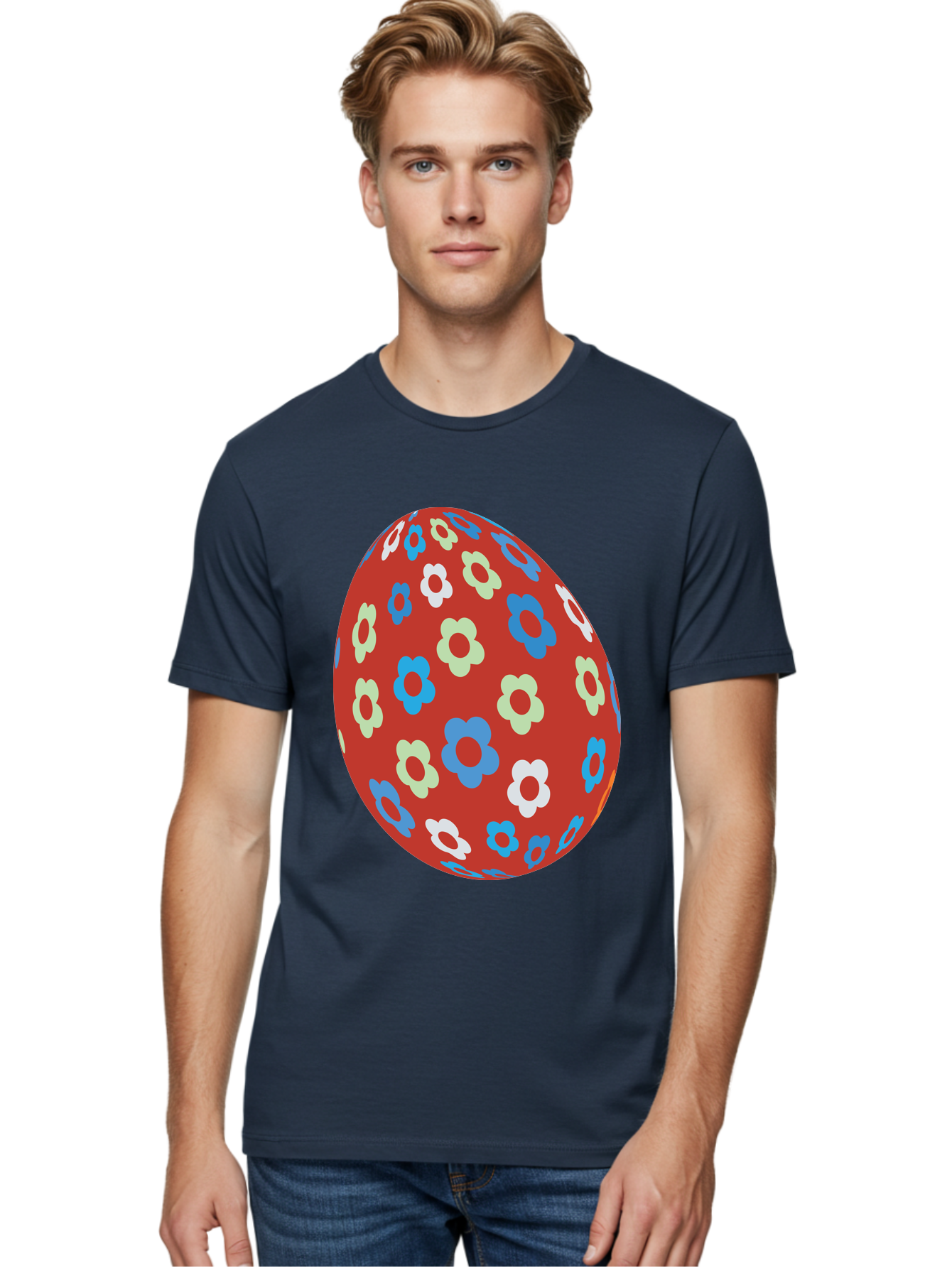 Easter-Egg-1 Men'S Graphic Tee, 100% Cotton, Comfortable Casual Summer Wear, Machine Washable, Easter Egg, Floral Pattern, Colorful Flowers, Red Egg, Blue Flowers, White Flowers, Green Flowers, Festive Design, Spring Theme, Decorated Egg, Aac671