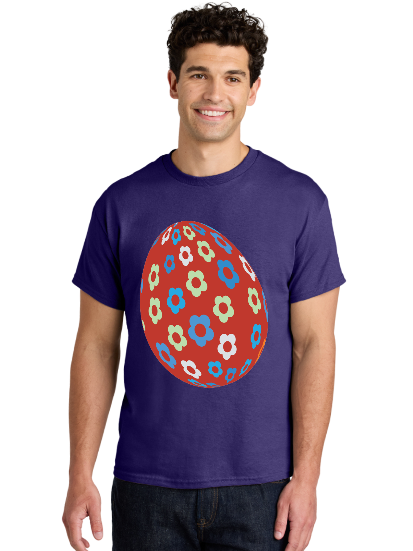 Easter-Egg-1 Men'S Graphic Tee, 100% Cotton, Comfortable Casual Summer Wear, Machine Washable, Easter Egg, Floral Pattern, Colorful Flowers, Red Egg, Blue Flowers, White Flowers, Green Flowers, Festive Design, Spring Theme, Decorated Egg, Aac671
