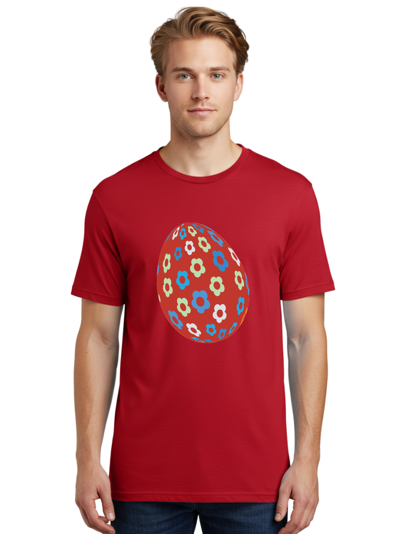 Easter-Egg-1 Men'S Graphic Tee, 100% Cotton, Comfortable Casual Summer Wear, Machine Washable, Easter Egg, Floral Pattern, Colorful Flowers, Red Egg, Blue Flowers, White Flowers, Green Flowers, Festive Design, Spring Theme, Decorated Egg, Aac671