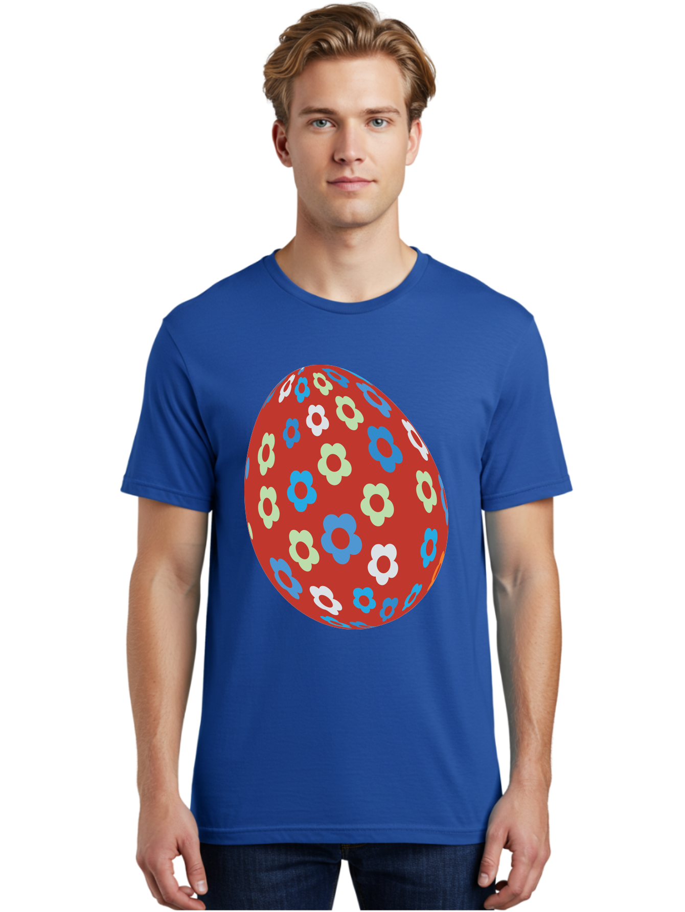 Easter-Egg-1 Men'S Graphic Tee, 100% Cotton, Comfortable Casual Summer Wear, Machine Washable, Easter Egg, Floral Pattern, Colorful Flowers, Red Egg, Blue Flowers, White Flowers, Green Flowers, Festive Design, Spring Theme, Decorated Egg, Aac671