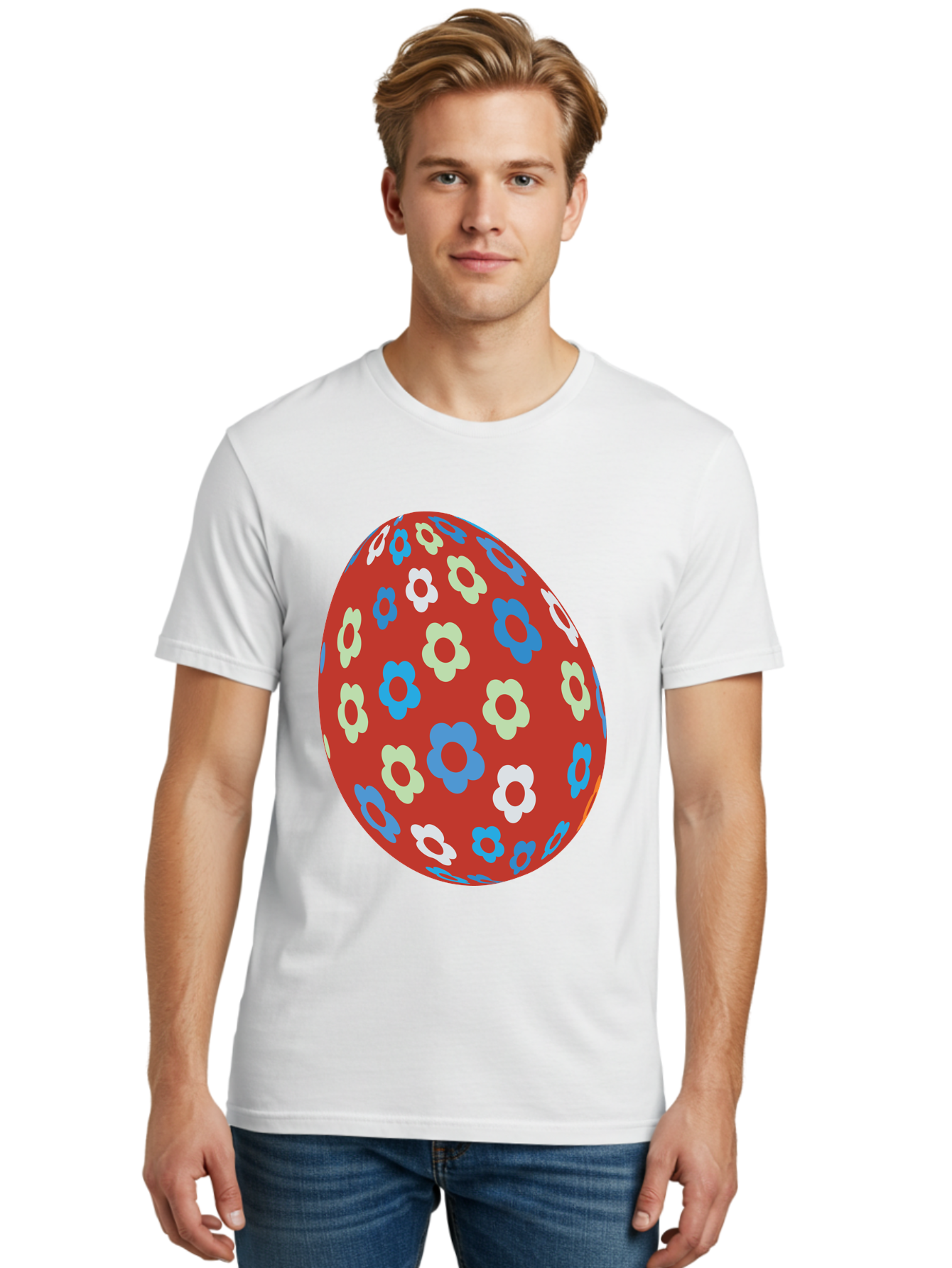 Easter-Egg-1 Men'S Graphic Tee, 100% Cotton, Comfortable Casual Summer Wear, Machine Washable, Easter Egg, Floral Pattern, Colorful Flowers, Red Egg, Blue Flowers, White Flowers, Green Flowers, Festive Design, Spring Theme, Decorated Egg, Aac671