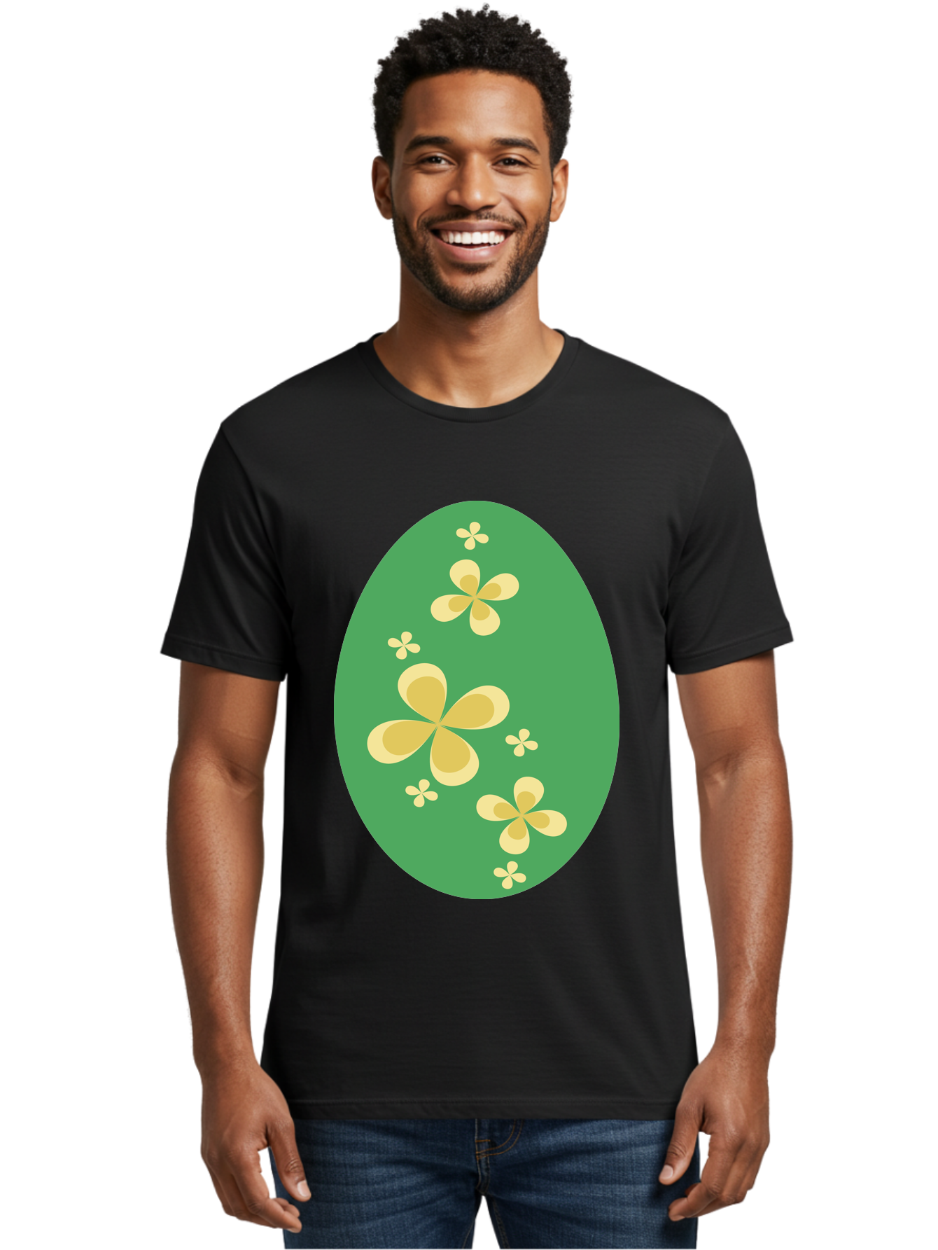 Easter-Egg-2 Men'S Graphic Tee, 100% Cotton, Comfortable Casual Summer Wear, Machine Washable, Easter Egg, Floral Pattern, Yellow Flowers, Oval Shape, Decorative Design, Spring Theme, Easter Decoration, Floral Motif, Pastel Colors Aac672