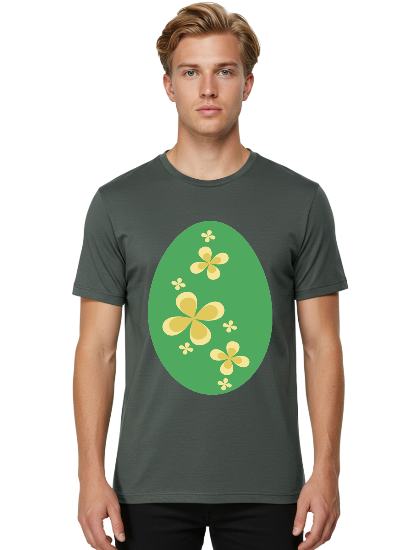 Easter-Egg-2 Men'S Graphic Tee, 100% Cotton, Comfortable Casual Summer Wear, Machine Washable, Easter Egg, Floral Pattern, Yellow Flowers, Oval Shape, Decorative Design, Spring Theme, Easter Decoration, Floral Motif, Pastel Colors Aac672