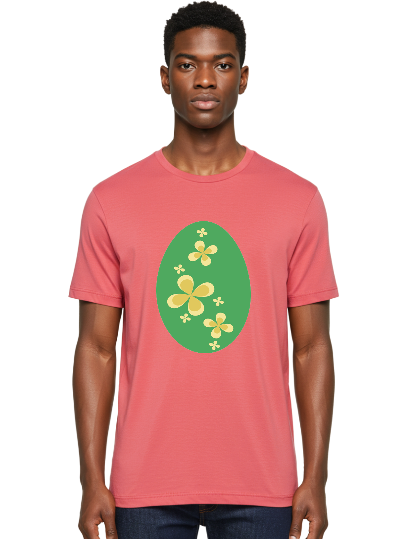 Easter-Egg-2 Men'S Graphic Tee, 100% Cotton, Comfortable Casual Summer Wear, Machine Washable, Easter Egg, Floral Pattern, Yellow Flowers, Oval Shape, Decorative Design, Spring Theme, Easter Decoration, Floral Motif, Pastel Colors Aac672