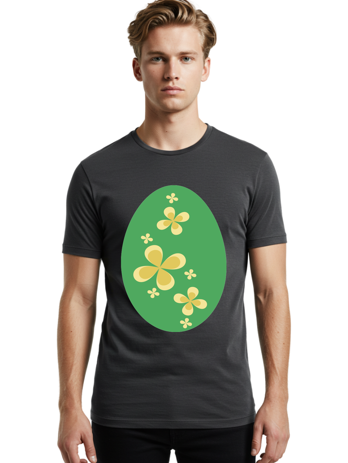 Easter-Egg-2 Men'S Graphic Tee, 100% Cotton, Comfortable Casual Summer Wear, Machine Washable, Easter Egg, Floral Pattern, Yellow Flowers, Oval Shape, Decorative Design, Spring Theme, Easter Decoration, Floral Motif, Pastel Colors Aac672
