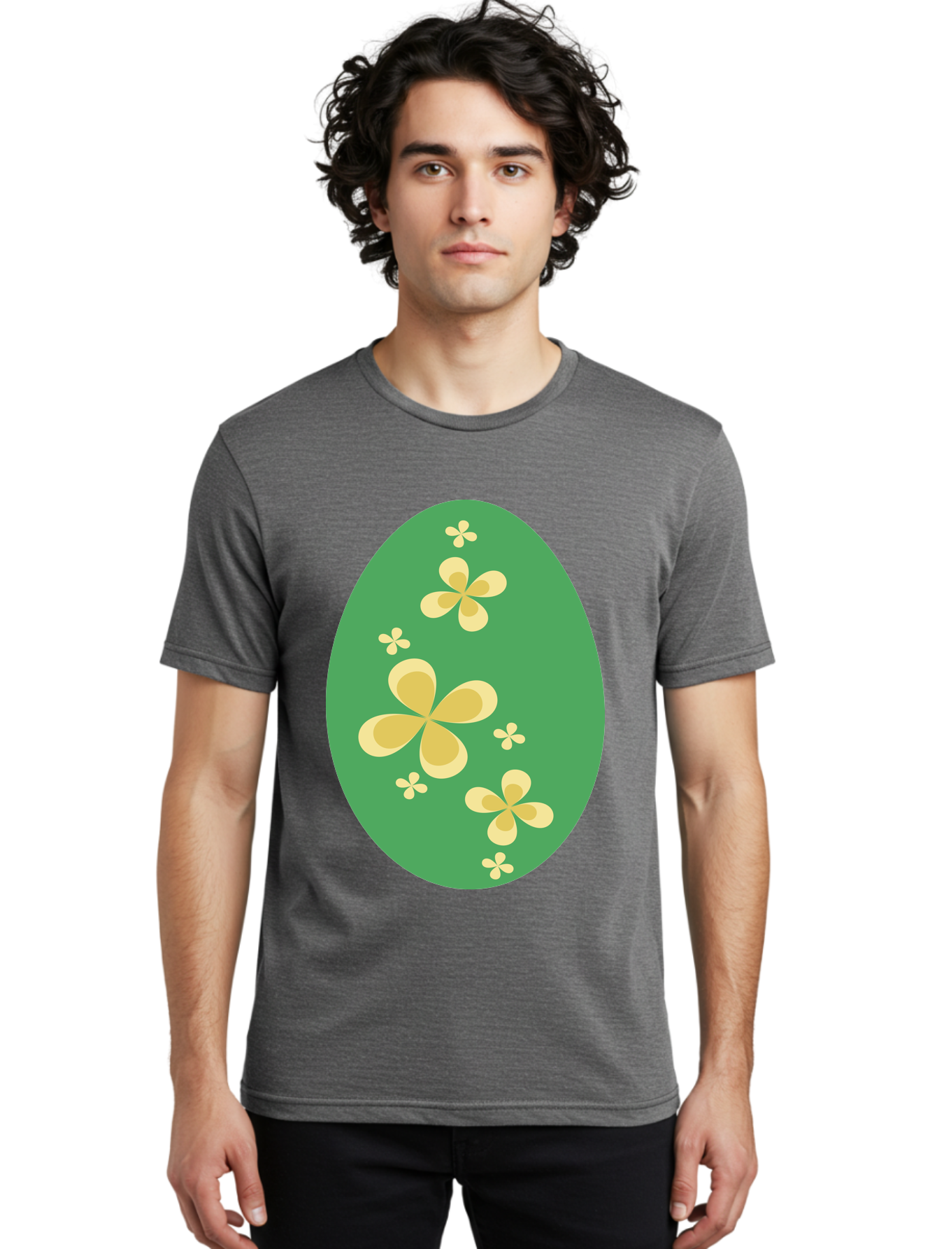 Easter-Egg-2 Men'S Graphic Tee, 100% Cotton, Comfortable Casual Summer Wear, Machine Washable, Easter Egg, Floral Pattern, Yellow Flowers, Oval Shape, Decorative Design, Spring Theme, Easter Decoration, Floral Motif, Pastel Colors Aac672