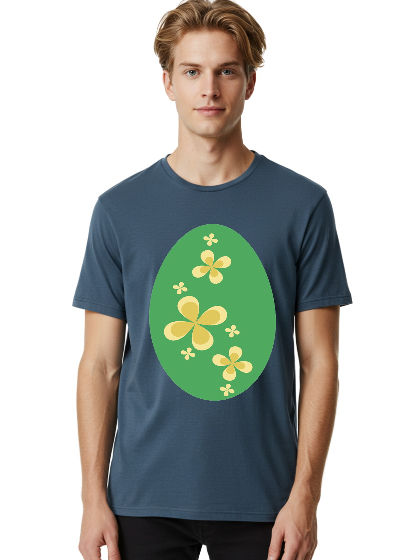 Easter-Egg-2 Men'S Graphic Tee, 100% Cotton, Comfortable Casual Summer Wear, Machine Washable, Easter Egg, Floral Pattern, Yellow Flowers, Oval Shape, Decorative Design, Spring Theme, Easter Decoration, Floral Motif, Pastel Colors Aac672