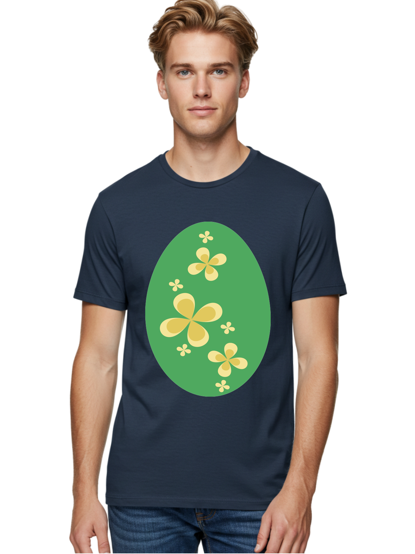 Easter-Egg-2 Men'S Graphic Tee, 100% Cotton, Comfortable Casual Summer Wear, Machine Washable, Easter Egg, Floral Pattern, Yellow Flowers, Oval Shape, Decorative Design, Spring Theme, Easter Decoration, Floral Motif, Pastel Colors Aac672