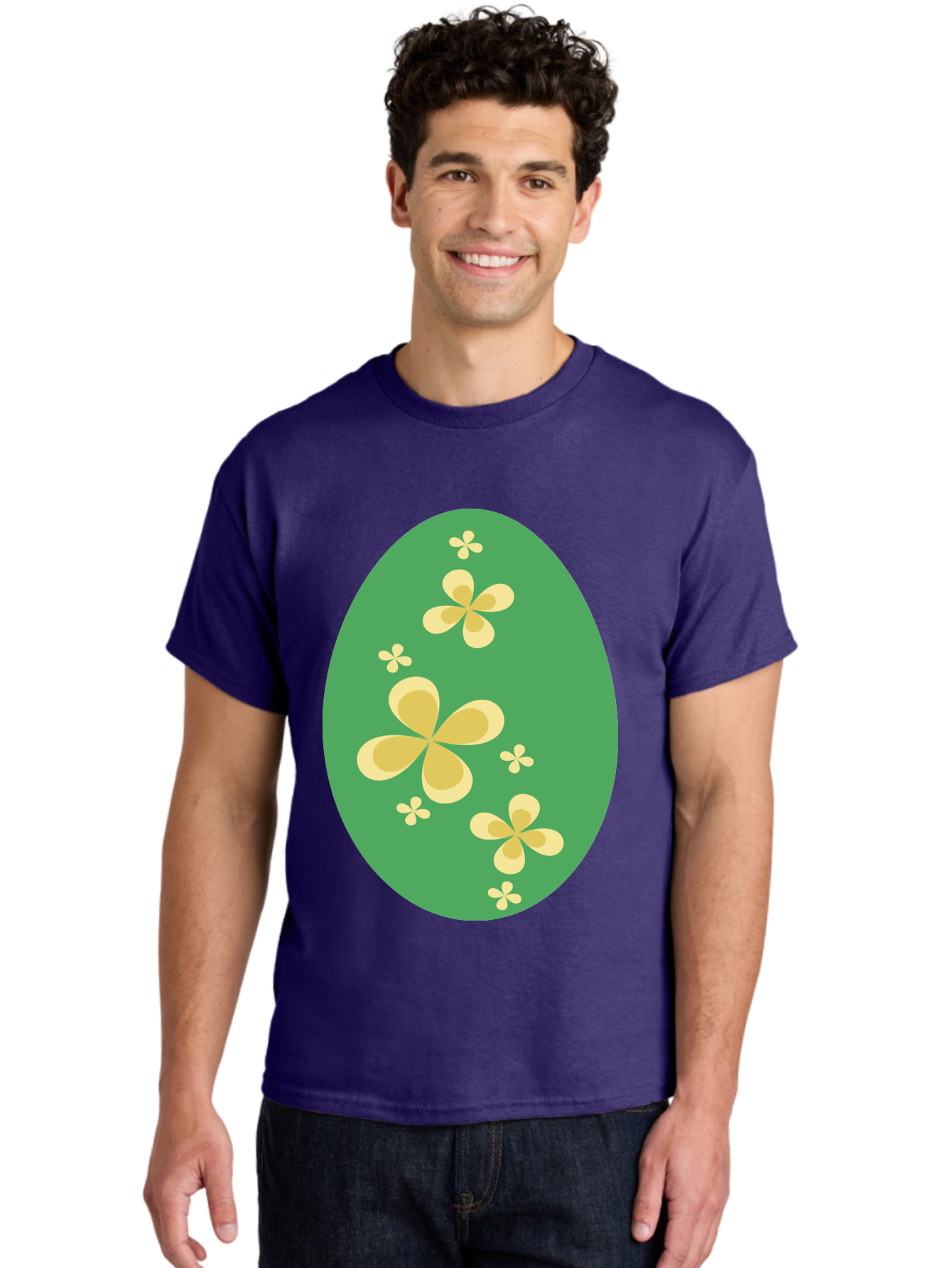 Easter-Egg-2 Men'S Graphic Tee, 100% Cotton, Comfortable Casual Summer Wear, Machine Washable, Easter Egg, Floral Pattern, Yellow Flowers, Oval Shape, Decorative Design, Spring Theme, Easter Decoration, Floral Motif, Pastel Colors Aac672