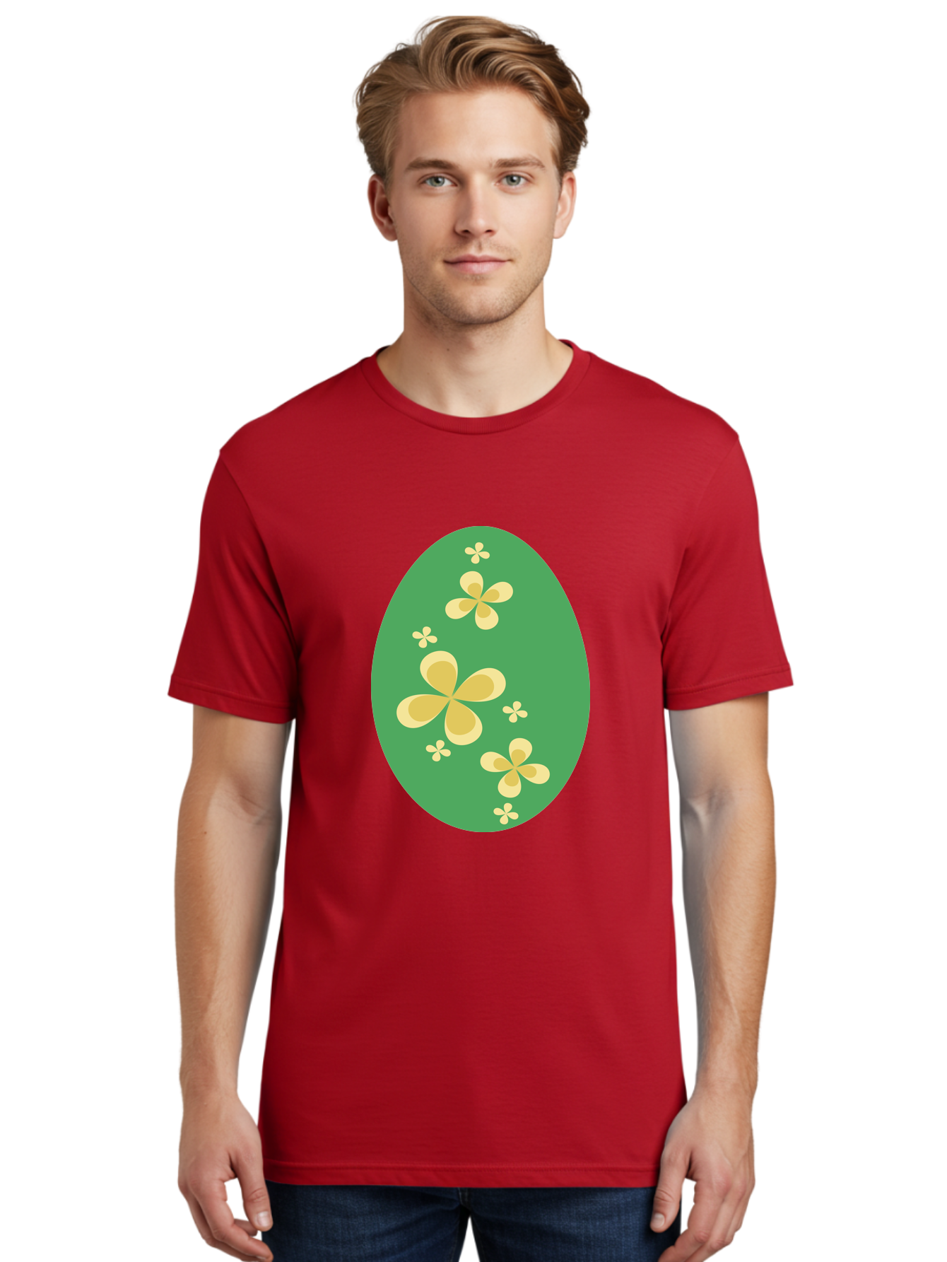 Easter-Egg-2 Men'S Graphic Tee, 100% Cotton, Comfortable Casual Summer Wear, Machine Washable, Easter Egg, Floral Pattern, Yellow Flowers, Oval Shape, Decorative Design, Spring Theme, Easter Decoration, Floral Motif, Pastel Colors Aac672
