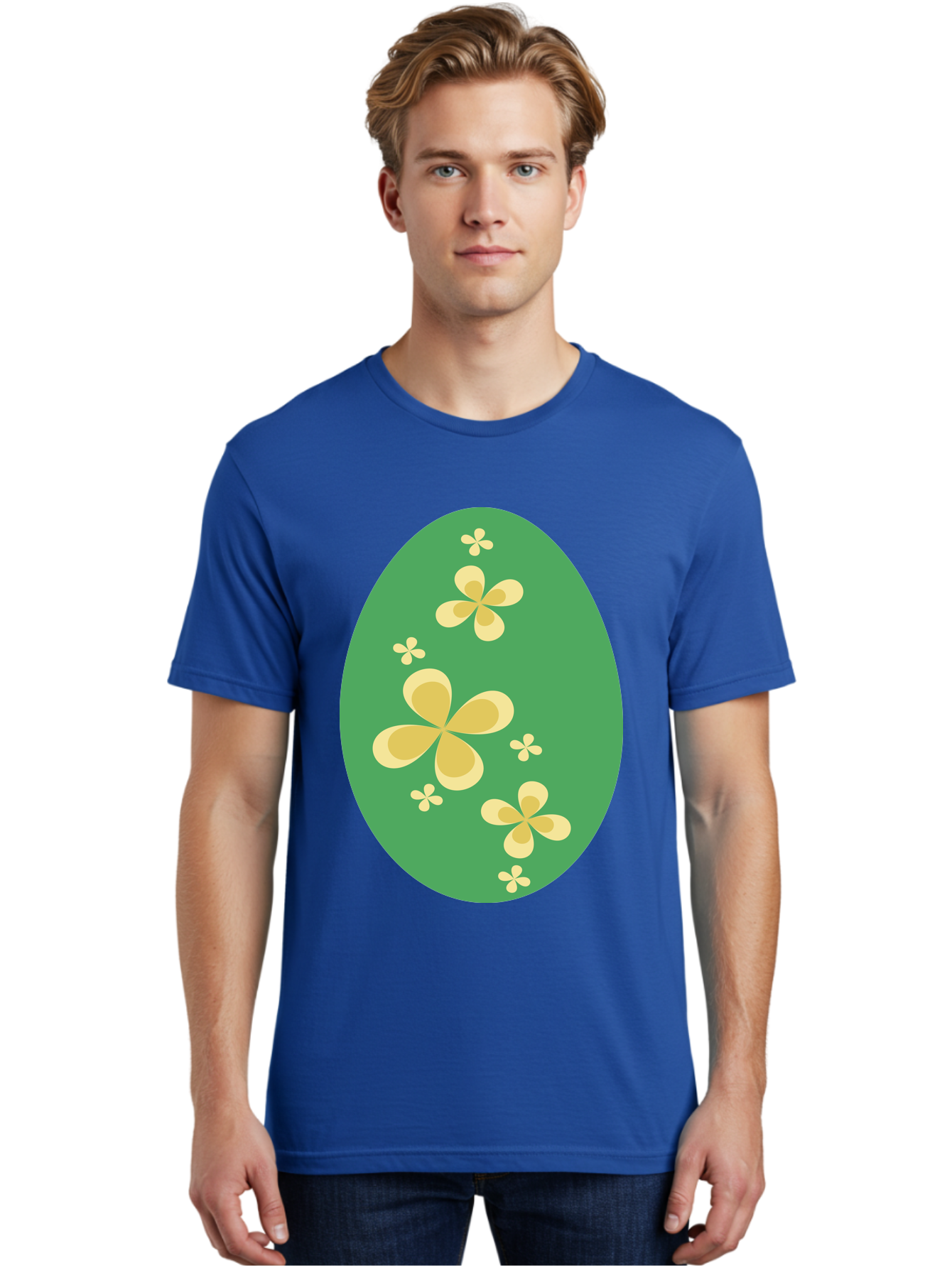 Easter-Egg-2 Men'S Graphic Tee, 100% Cotton, Comfortable Casual Summer Wear, Machine Washable, Easter Egg, Floral Pattern, Yellow Flowers, Oval Shape, Decorative Design, Spring Theme, Easter Decoration, Floral Motif, Pastel Colors Aac672