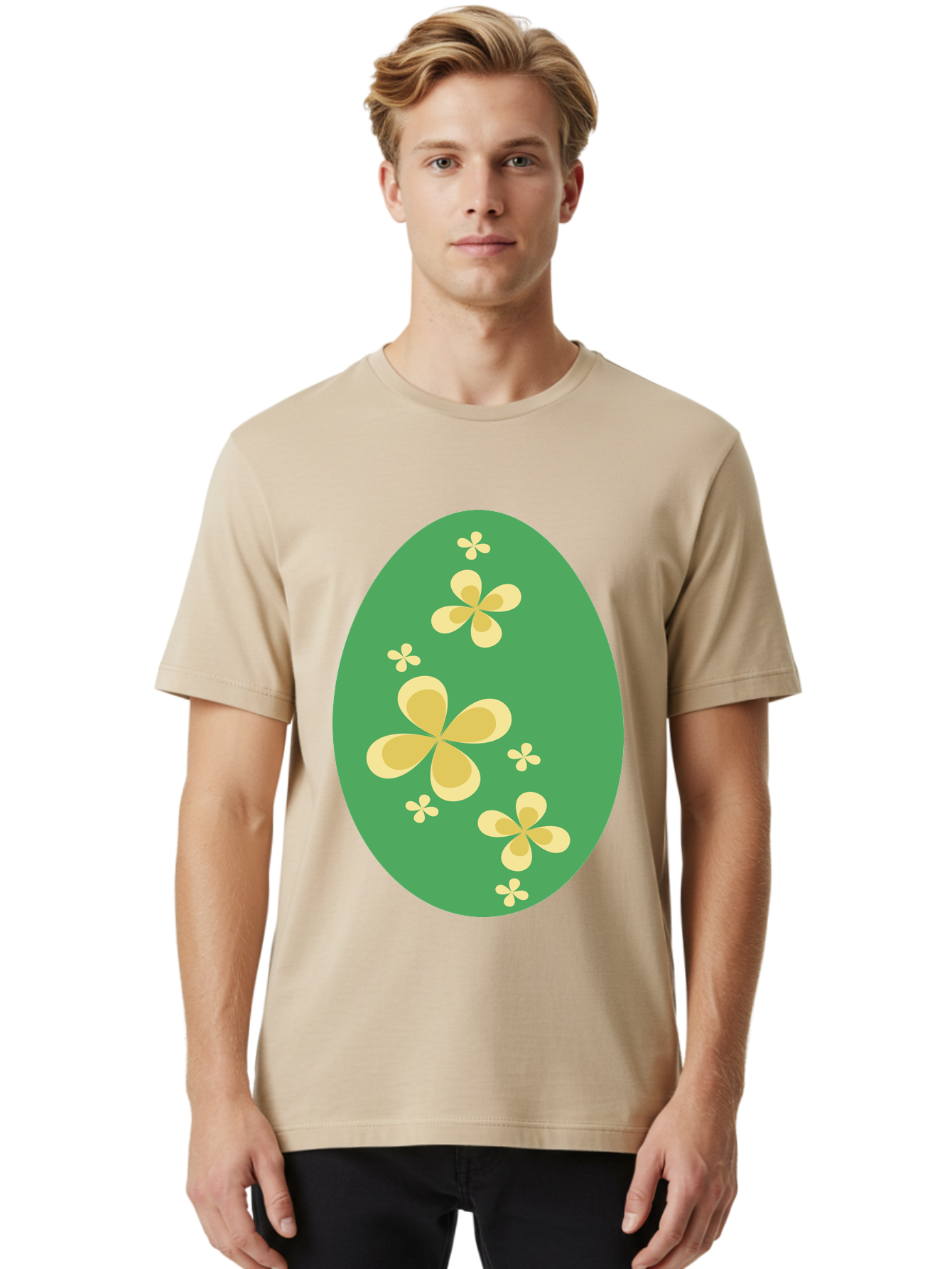 Easter-Egg-2 Men'S Graphic Tee, 100% Cotton, Comfortable Casual Summer Wear, Machine Washable, Easter Egg, Floral Pattern, Yellow Flowers, Oval Shape, Decorative Design, Spring Theme, Easter Decoration, Floral Motif, Pastel Colors Aac672