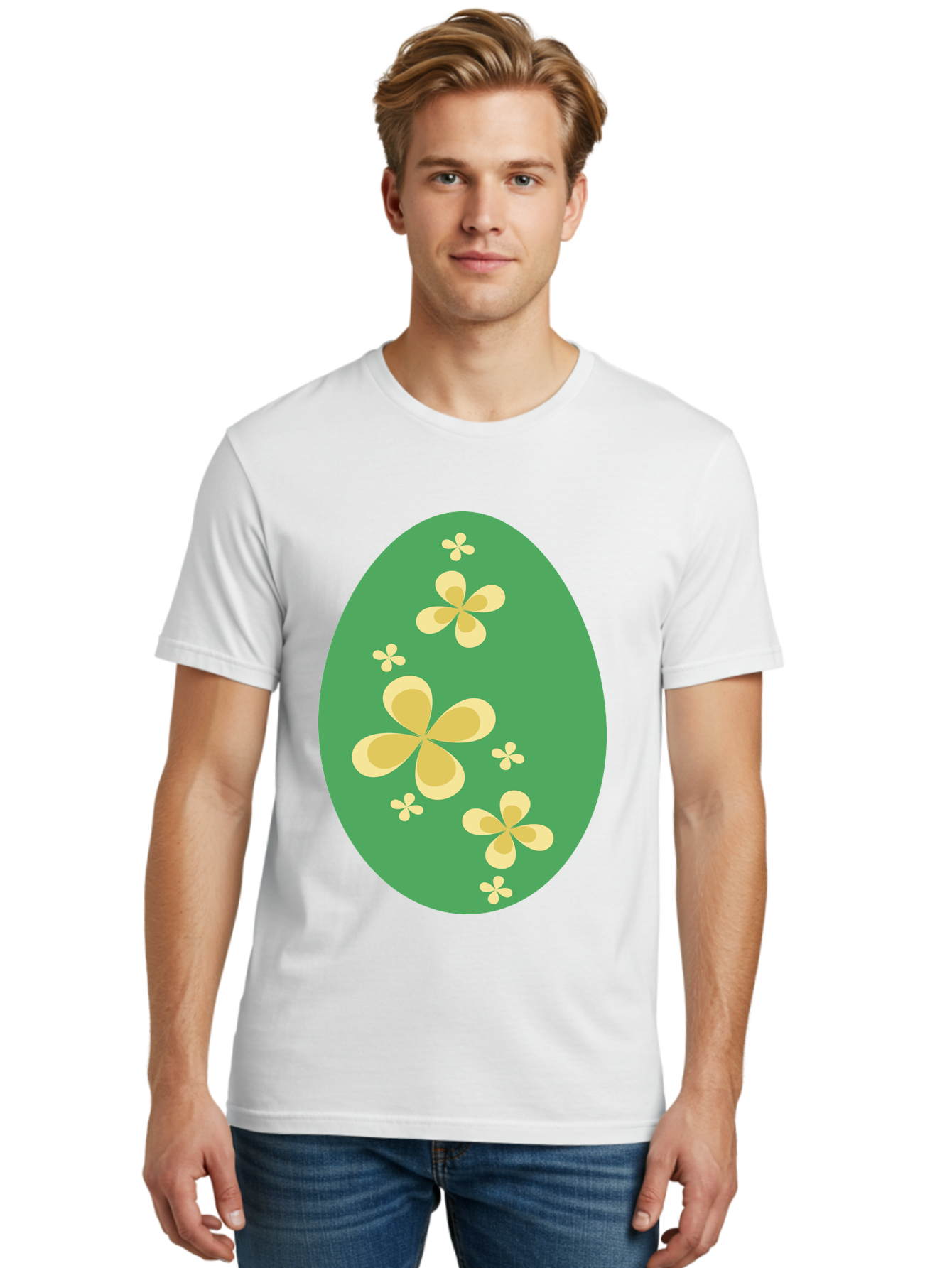 Easter-Egg-2 Men'S Graphic Tee, 100% Cotton, Comfortable Casual Summer Wear, Machine Washable, Easter Egg, Floral Pattern, Yellow Flowers, Oval Shape, Decorative Design, Spring Theme, Easter Decoration, Floral Motif, Pastel Colors Aac672