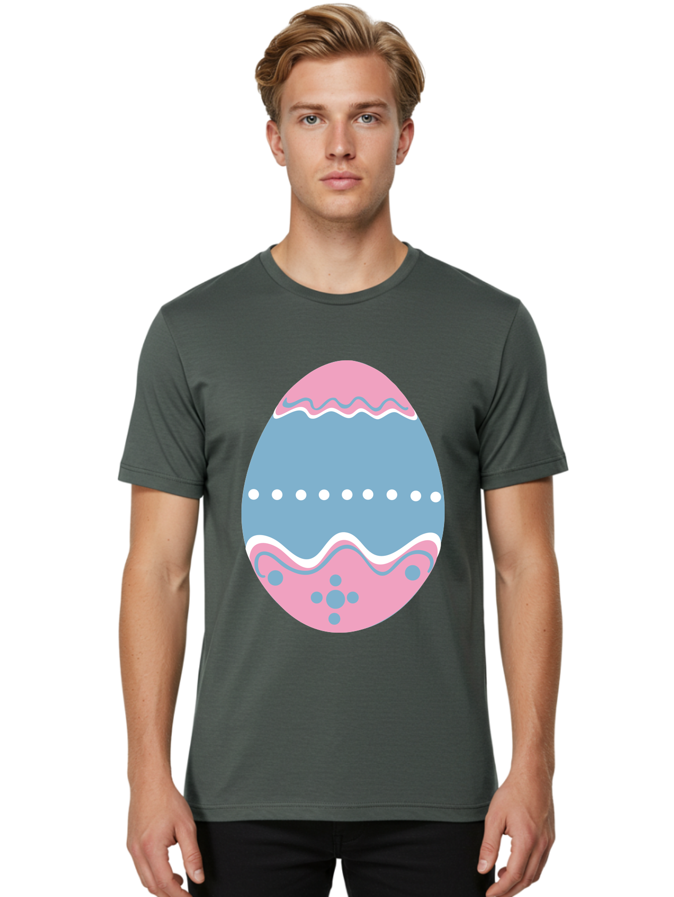 Easter-Egg-3 Men'S Graphic Tee, 100% Cotton, Comfortable Casual Summer Wear, Machine Washable, Easter Egg, Pink And Blue Egg, Decorated Egg, Wavy Lines, White Dots, Blue And Pink Swirls, Pastel Colors, Spring Decoration, Easter Theme, Aac673