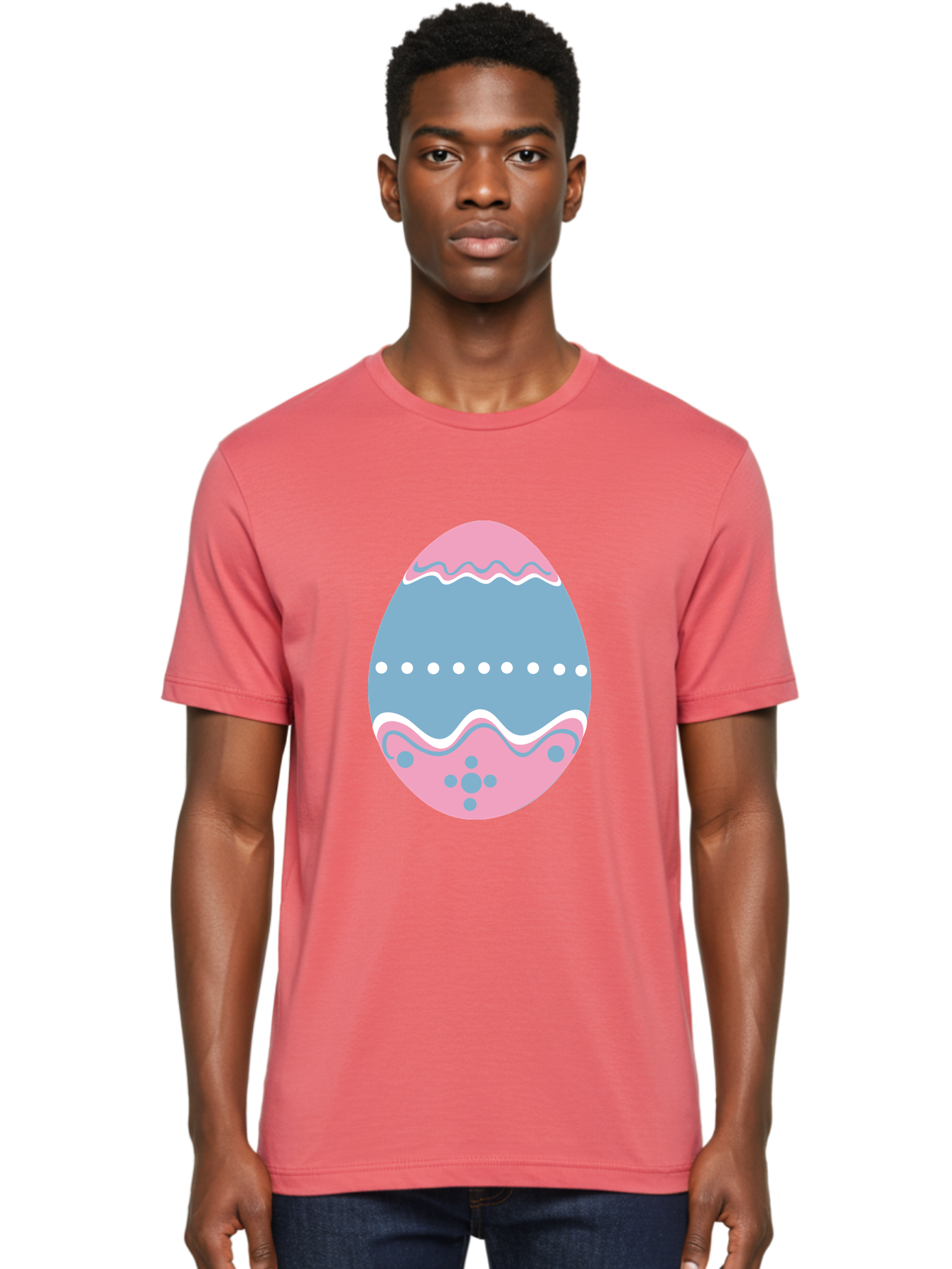 Easter-Egg-3 Men'S Graphic Tee, 100% Cotton, Comfortable Casual Summer Wear, Machine Washable, Easter Egg, Pink And Blue Egg, Decorated Egg, Wavy Lines, White Dots, Blue And Pink Swirls, Pastel Colors, Spring Decoration, Easter Theme, Aac673