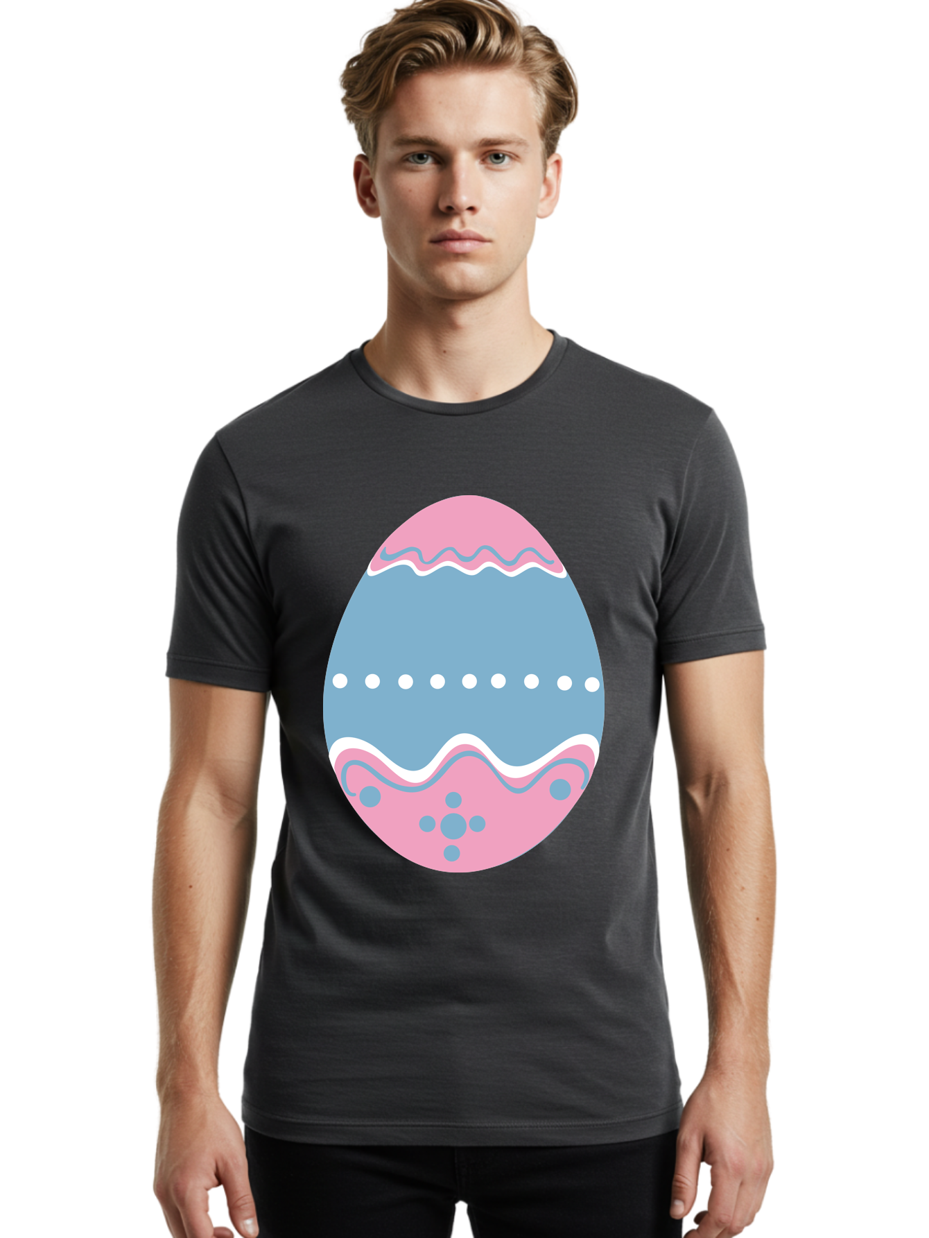 Easter-Egg-3 Men'S Graphic Tee, 100% Cotton, Comfortable Casual Summer Wear, Machine Washable, Easter Egg, Pink And Blue Egg, Decorated Egg, Wavy Lines, White Dots, Blue And Pink Swirls, Pastel Colors, Spring Decoration, Easter Theme, Aac673