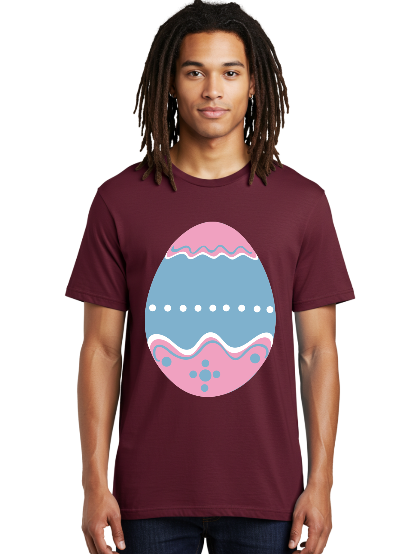 Easter-Egg-3 Men'S Graphic Tee, 100% Cotton, Comfortable Casual Summer Wear, Machine Washable, Easter Egg, Pink And Blue Egg, Decorated Egg, Wavy Lines, White Dots, Blue And Pink Swirls, Pastel Colors, Spring Decoration, Easter Theme, Aac673