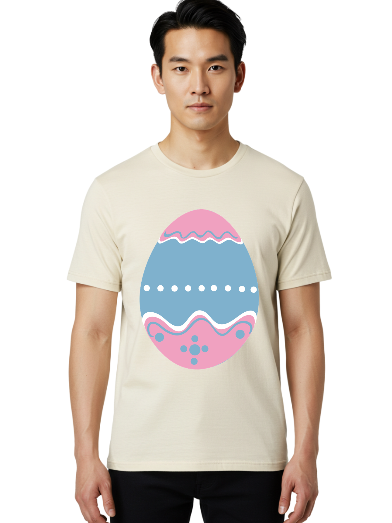 Easter-Egg-3 Men'S Graphic Tee, 100% Cotton, Comfortable Casual Summer Wear, Machine Washable, Easter Egg, Pink And Blue Egg, Decorated Egg, Wavy Lines, White Dots, Blue And Pink Swirls, Pastel Colors, Spring Decoration, Easter Theme, Aac673