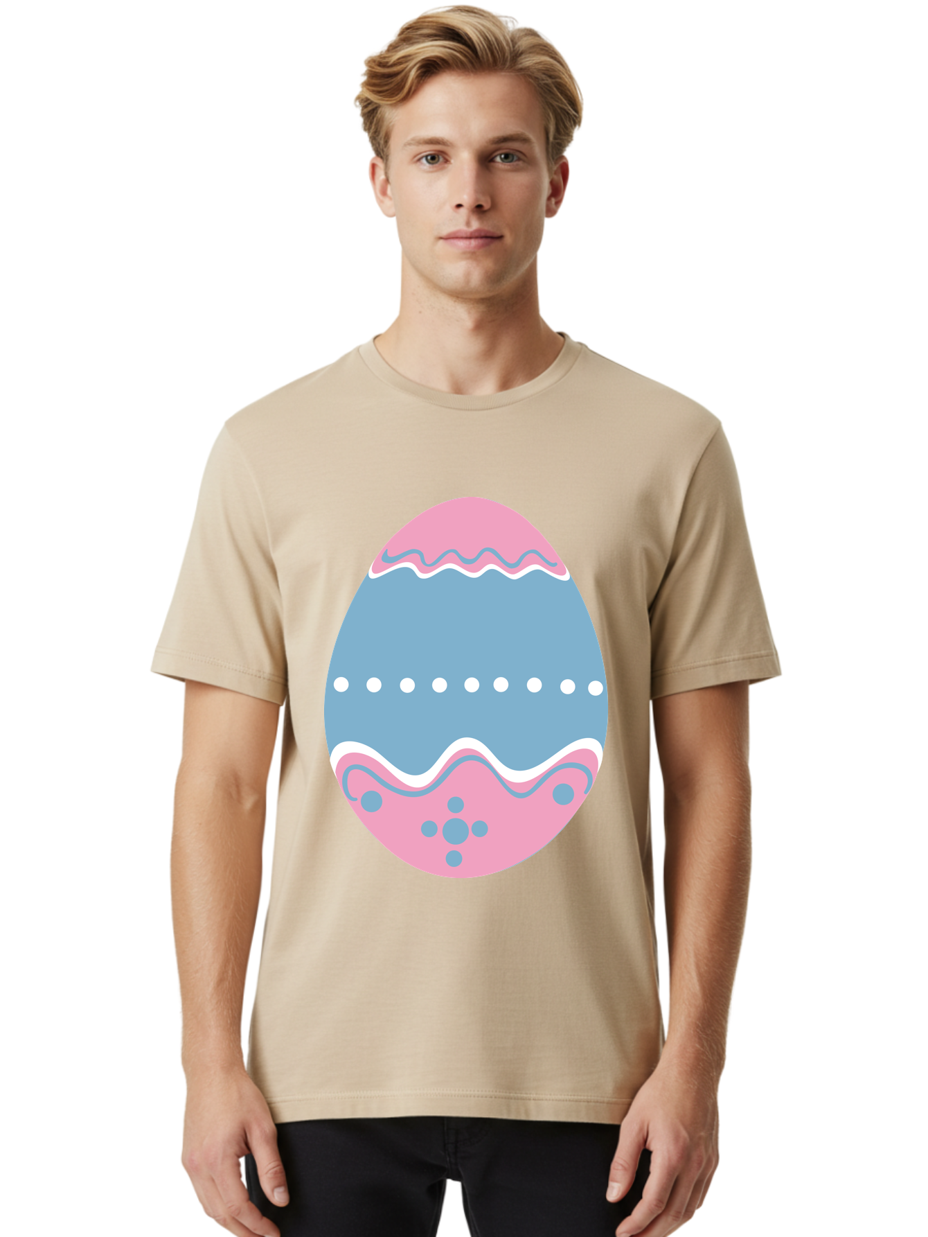 Easter-Egg-3 Men'S Graphic Tee, 100% Cotton, Comfortable Casual Summer Wear, Machine Washable, Easter Egg, Pink And Blue Egg, Decorated Egg, Wavy Lines, White Dots, Blue And Pink Swirls, Pastel Colors, Spring Decoration, Easter Theme, Aac673