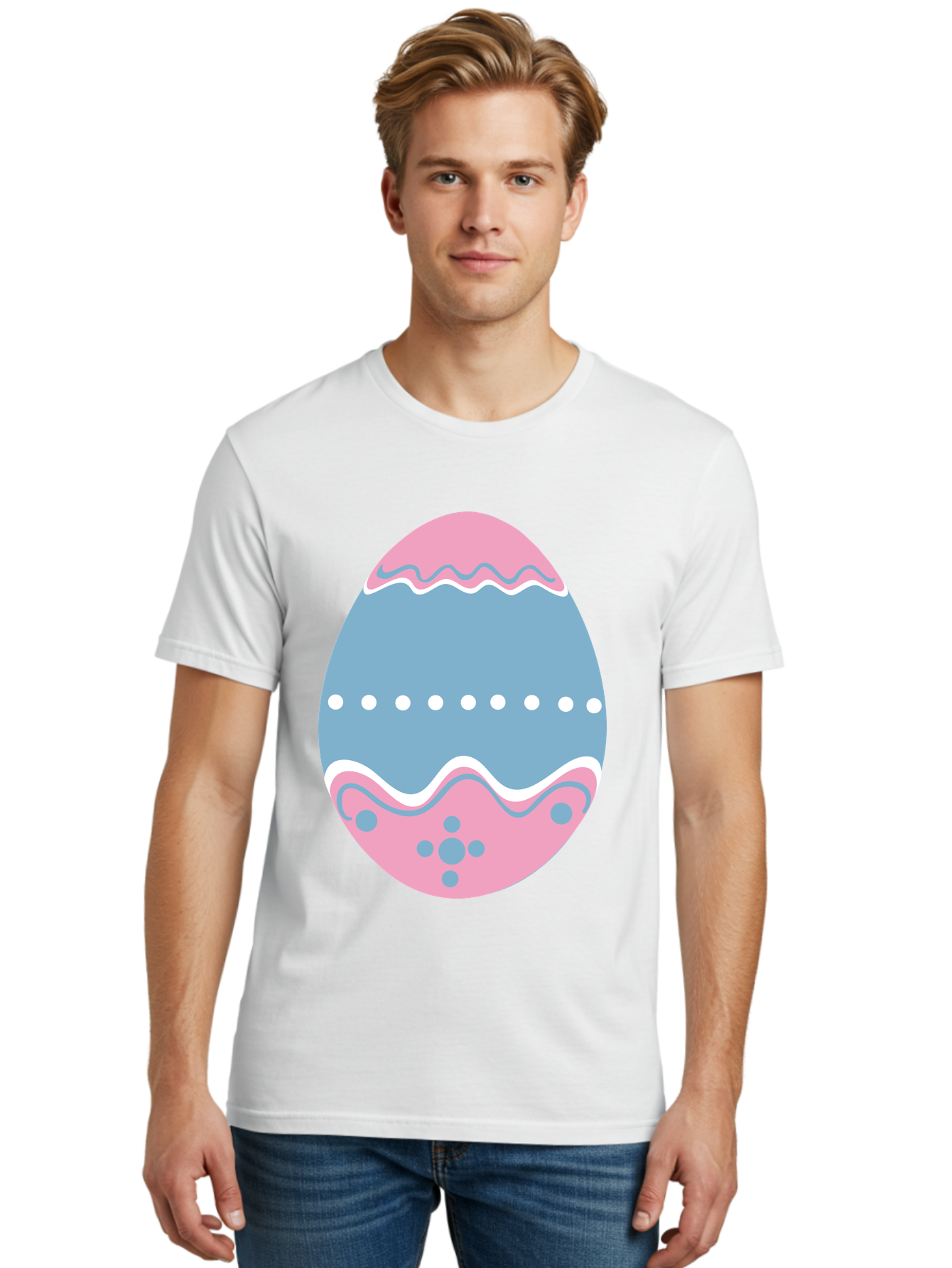 Easter-Egg-3 Men'S Graphic Tee, 100% Cotton, Comfortable Casual Summer Wear, Machine Washable, Easter Egg, Pink And Blue Egg, Decorated Egg, Wavy Lines, White Dots, Blue And Pink Swirls, Pastel Colors, Spring Decoration, Easter Theme, Aac673