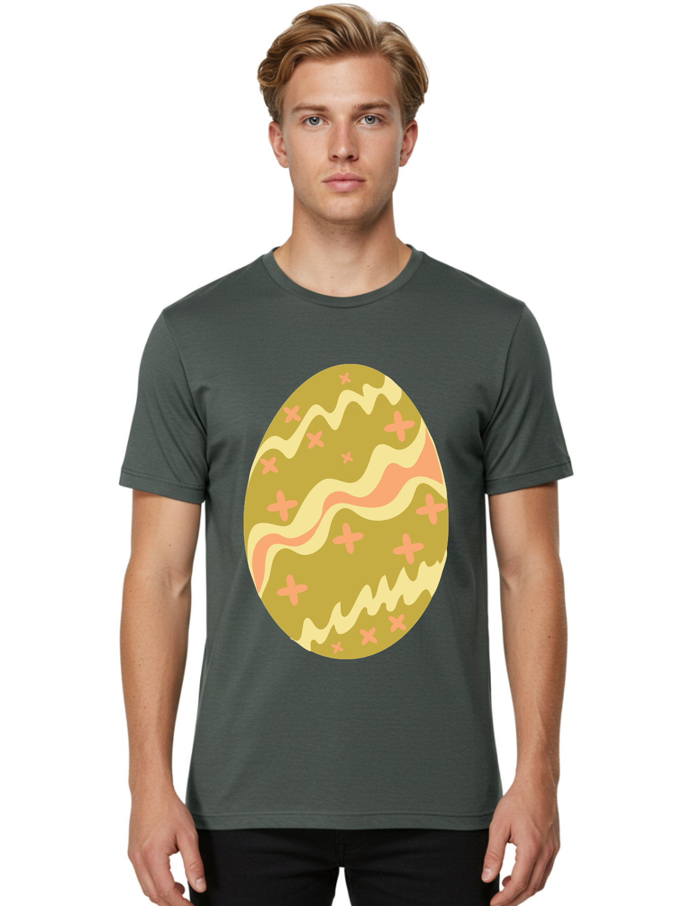Easter-Egg-4 Men'S Graphic Tee, 100% Cotton, Comfortable Casual Summer Wear, Machine Washable, Easter Egg, Pastel Colors, Wavy Lines, Pink Crosses, Decorated Egg, Spring Theme, Festive Design, Easter Decoration, Egg Hunt Aac674