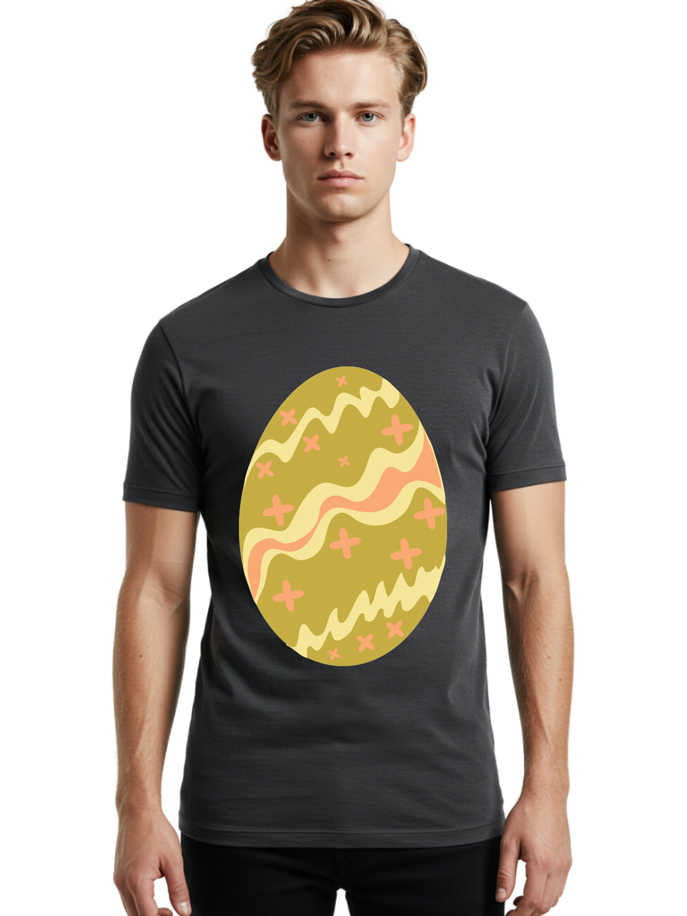 Easter-Egg-4 Men'S Graphic Tee, 100% Cotton, Comfortable Casual Summer Wear, Machine Washable, Easter Egg, Pastel Colors, Wavy Lines, Pink Crosses, Decorated Egg, Spring Theme, Festive Design, Easter Decoration, Egg Hunt Aac674