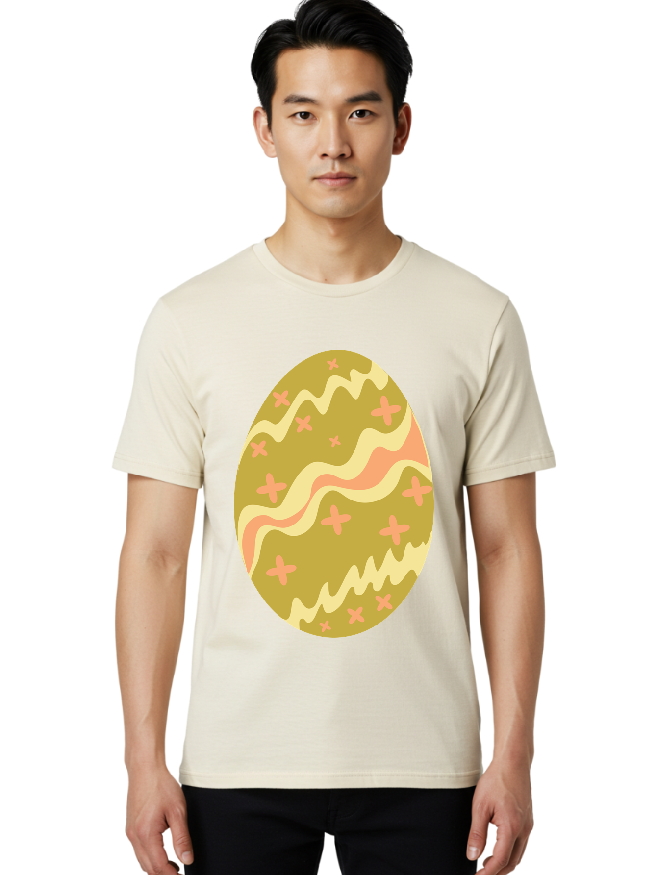 Easter-Egg-4 Men'S Graphic Tee, 100% Cotton, Comfortable Casual Summer Wear, Machine Washable, Easter Egg, Pastel Colors, Wavy Lines, Pink Crosses, Decorated Egg, Spring Theme, Festive Design, Easter Decoration, Egg Hunt Aac674