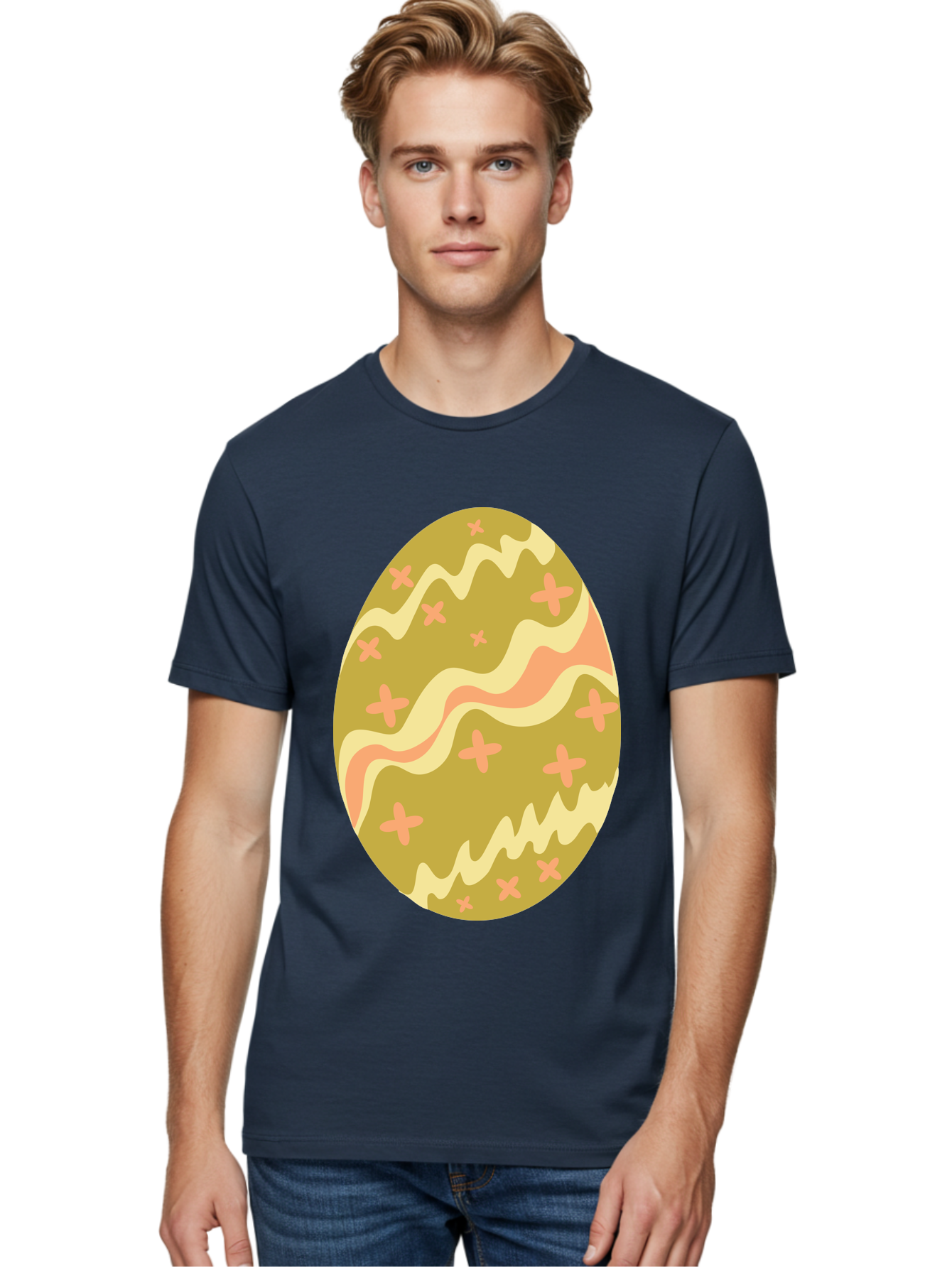 Easter-Egg-4 Men'S Graphic Tee, 100% Cotton, Comfortable Casual Summer Wear, Machine Washable, Easter Egg, Pastel Colors, Wavy Lines, Pink Crosses, Decorated Egg, Spring Theme, Festive Design, Easter Decoration, Egg Hunt Aac674