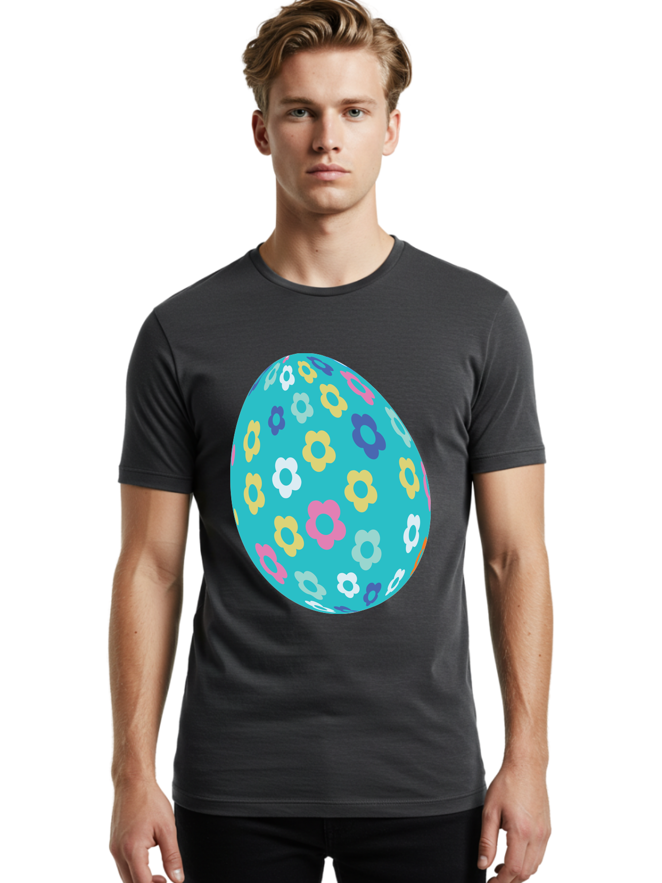 Easter-Egg-Flowers Men'S Graphic Tee, 100% Cotton, Comfortable Casual Summer Wear, Machine Washable, Easter Egg Decoration, Floral Pattern, Colorful Flowers, Pastel Colors, Spring Theme, Easter Celebration, Festive Design, Decorative Egg, Aac675
