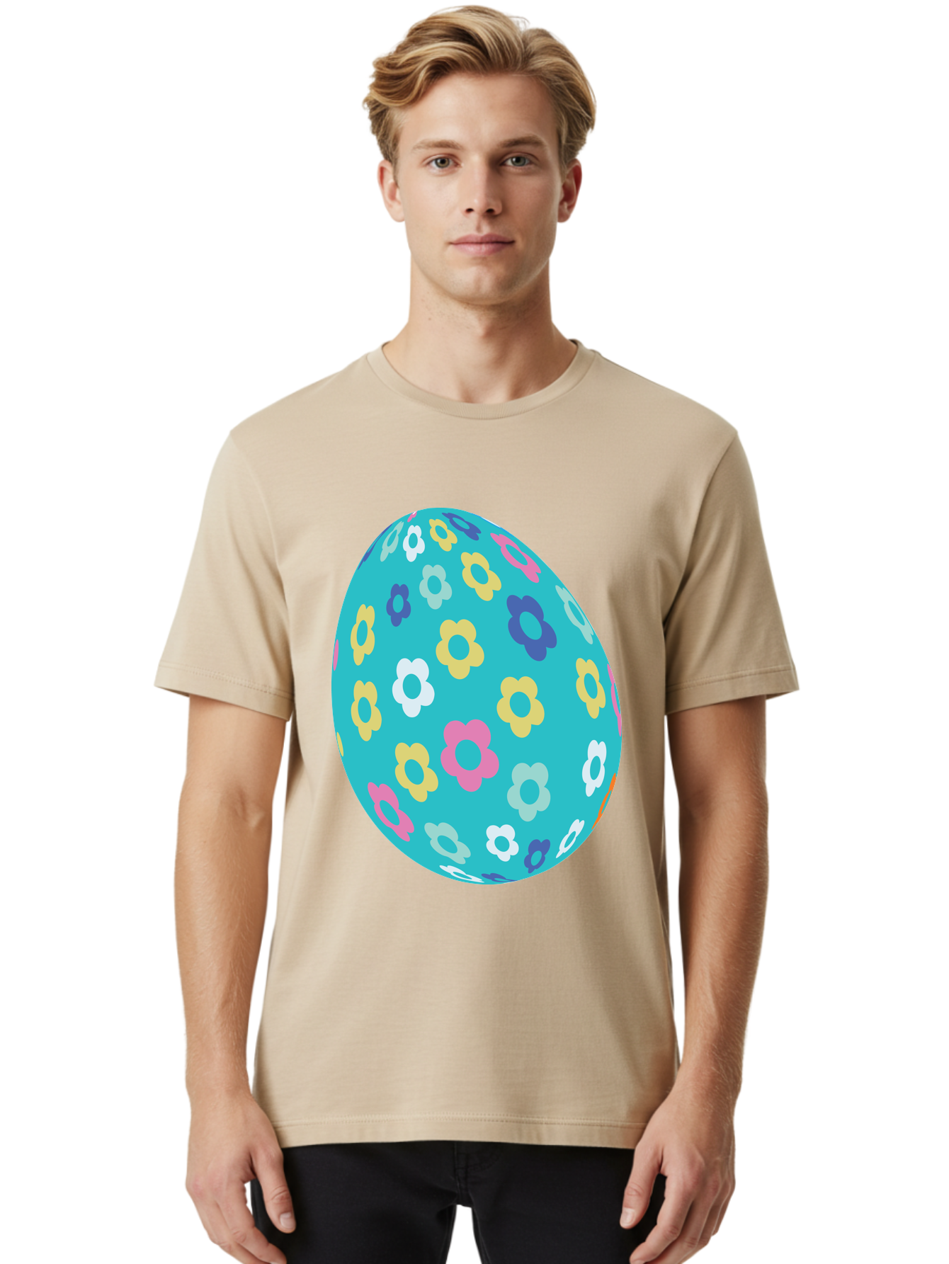 Easter-Egg-Flowers Men'S Graphic Tee, 100% Cotton, Comfortable Casual Summer Wear, Machine Washable, Easter Egg Decoration, Floral Pattern, Colorful Flowers, Pastel Colors, Spring Theme, Easter Celebration, Festive Design, Decorative Egg, Aac675