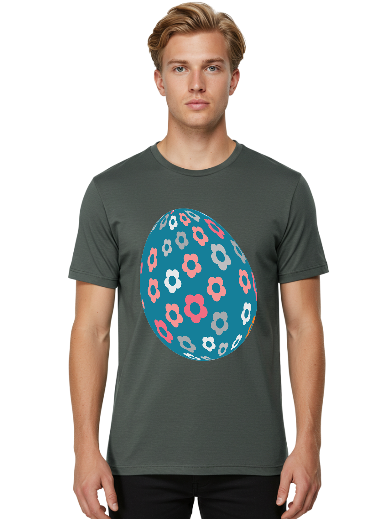Easter-Egg Men'S Graphic Tee, 100% Cotton, Comfortable Casual Summer Wear, Machine Washable, Blue Easter Egg, Floral Pattern, Pink And White Flowers, Spring Decoration, Easter Egg Decoration, Digital Illustration, Easter Theme, Aac676