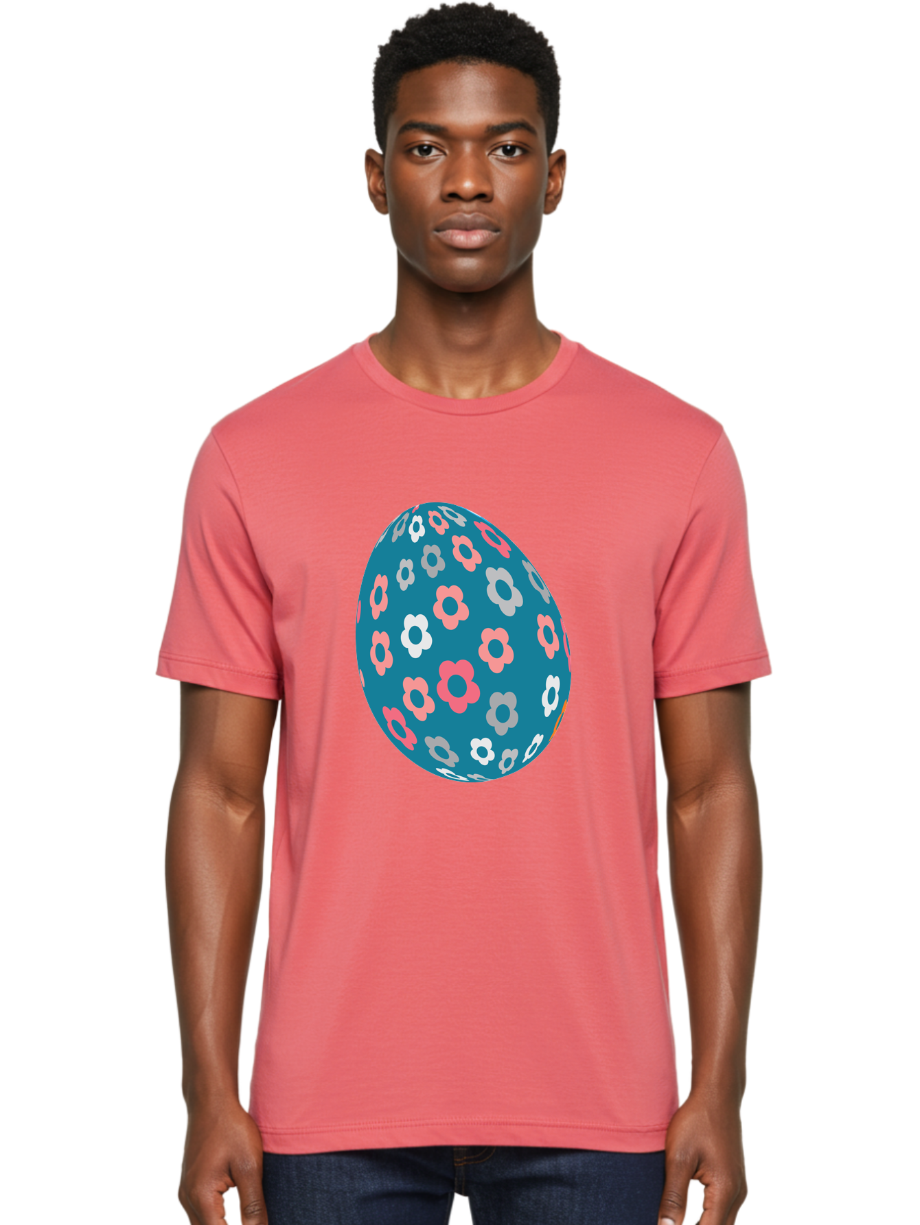 Easter-Egg Men'S Graphic Tee, 100% Cotton, Comfortable Casual Summer Wear, Machine Washable, Blue Easter Egg, Floral Pattern, Pink And White Flowers, Spring Decoration, Easter Egg Decoration, Digital Illustration, Easter Theme, Aac676