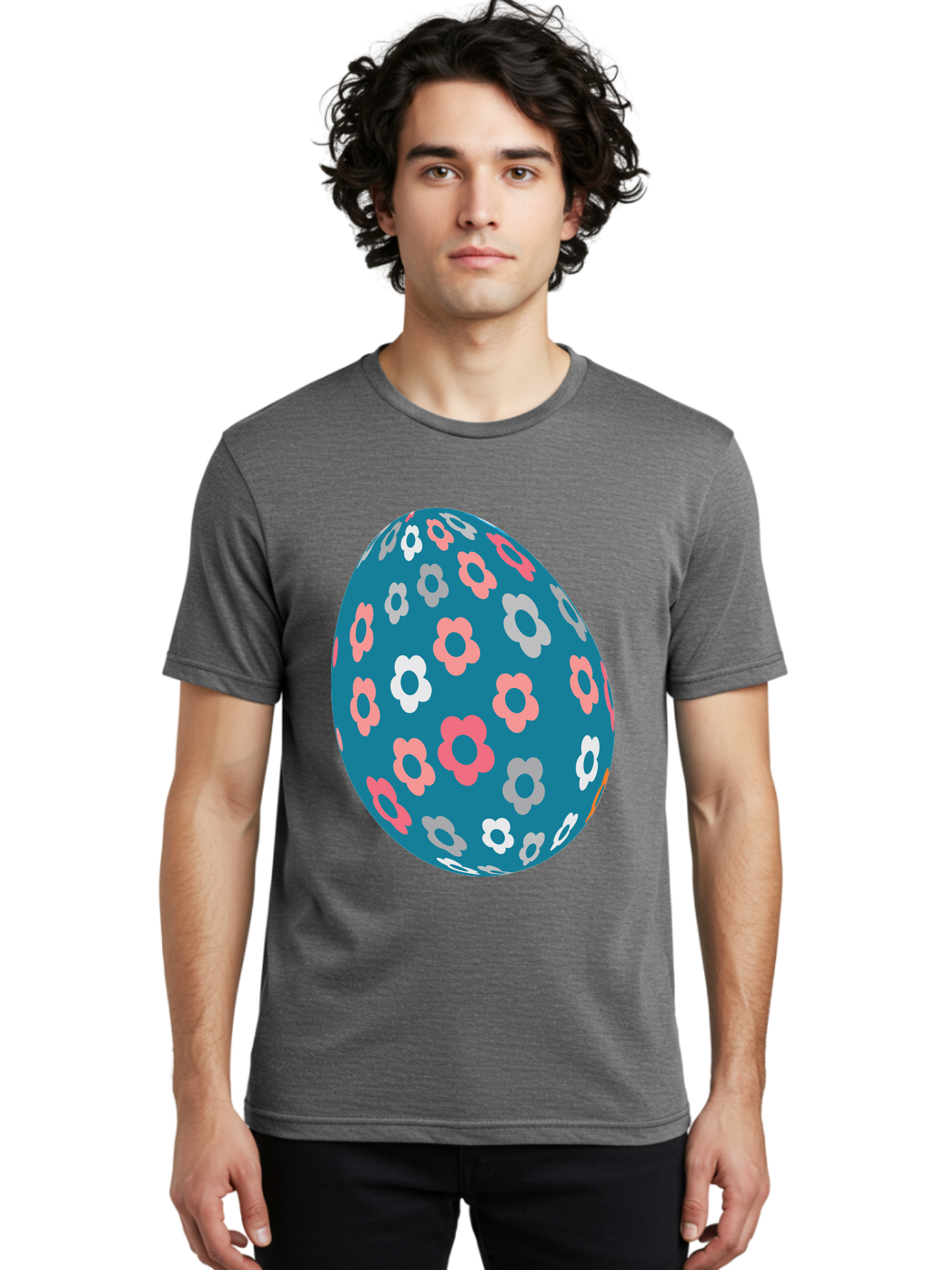 Easter-Egg Men'S Graphic Tee, 100% Cotton, Comfortable Casual Summer Wear, Machine Washable, Blue Easter Egg, Floral Pattern, Pink And White Flowers, Spring Decoration, Easter Egg Decoration, Digital Illustration, Easter Theme, Aac676