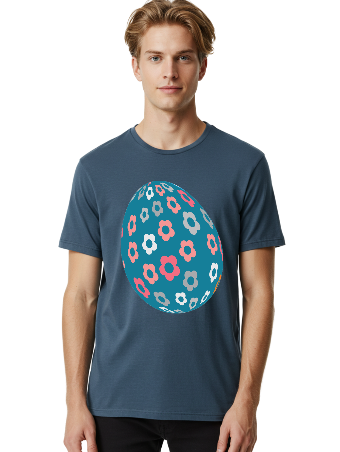 Easter-Egg Men'S Graphic Tee, 100% Cotton, Comfortable Casual Summer Wear, Machine Washable, Blue Easter Egg, Floral Pattern, Pink And White Flowers, Spring Decoration, Easter Egg Decoration, Digital Illustration, Easter Theme, Aac676