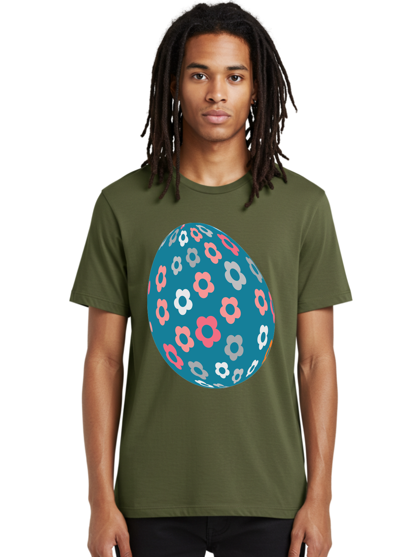 Easter-Egg Men'S Graphic Tee, 100% Cotton, Comfortable Casual Summer Wear, Machine Washable, Blue Easter Egg, Floral Pattern, Pink And White Flowers, Spring Decoration, Easter Egg Decoration, Digital Illustration, Easter Theme, Aac676