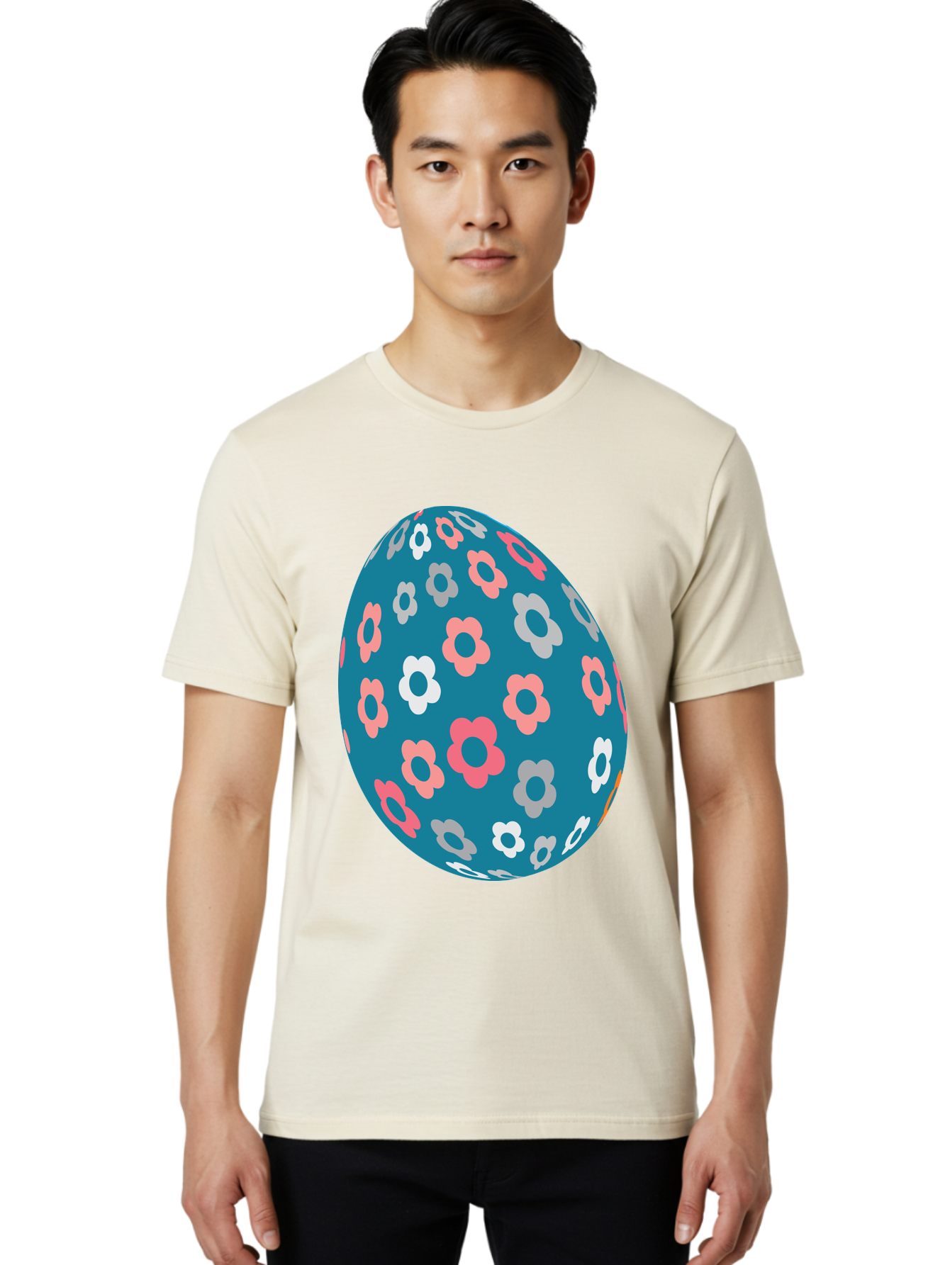 Easter-Egg Men'S Graphic Tee, 100% Cotton, Comfortable Casual Summer Wear, Machine Washable, Blue Easter Egg, Floral Pattern, Pink And White Flowers, Spring Decoration, Easter Egg Decoration, Digital Illustration, Easter Theme, Aac676