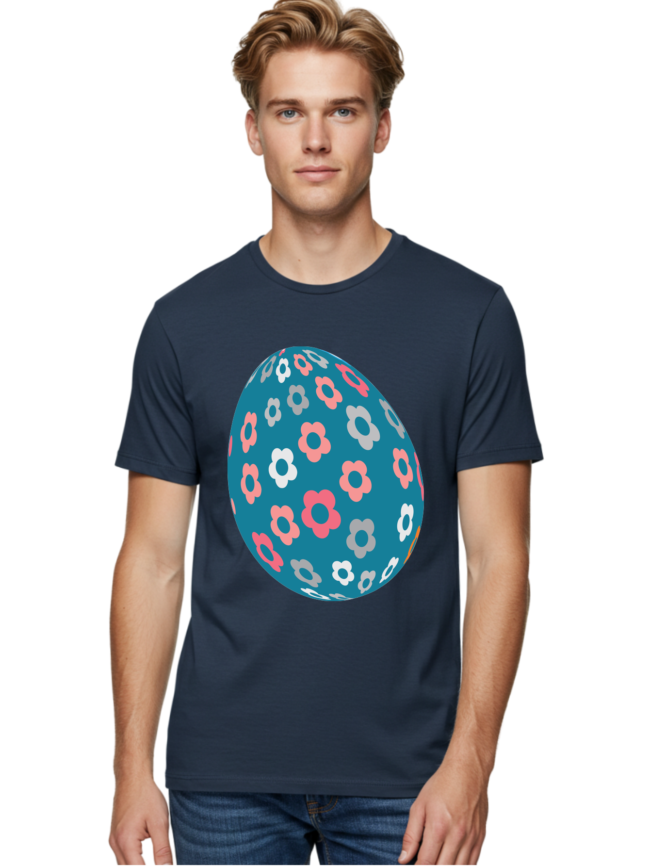 Easter-Egg Men'S Graphic Tee, 100% Cotton, Comfortable Casual Summer Wear, Machine Washable, Blue Easter Egg, Floral Pattern, Pink And White Flowers, Spring Decoration, Easter Egg Decoration, Digital Illustration, Easter Theme, Aac676