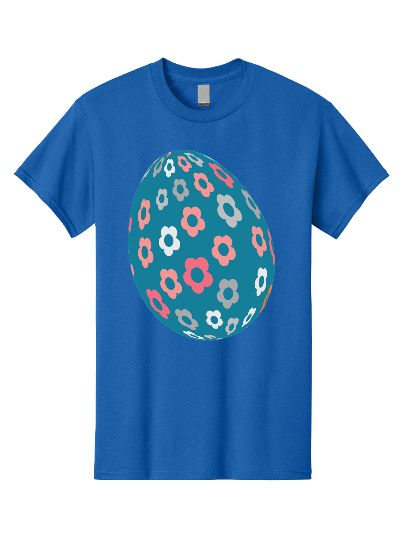 Easter-Egg Men'S Graphic Tee, 100% Cotton, Comfortable Casual Summer Wear, Machine Washable, Blue Easter Egg, Floral Pattern, Pink And White Flowers, Spring Decoration, Easter Egg Decoration, Digital Illustration, Easter Theme, Aac676