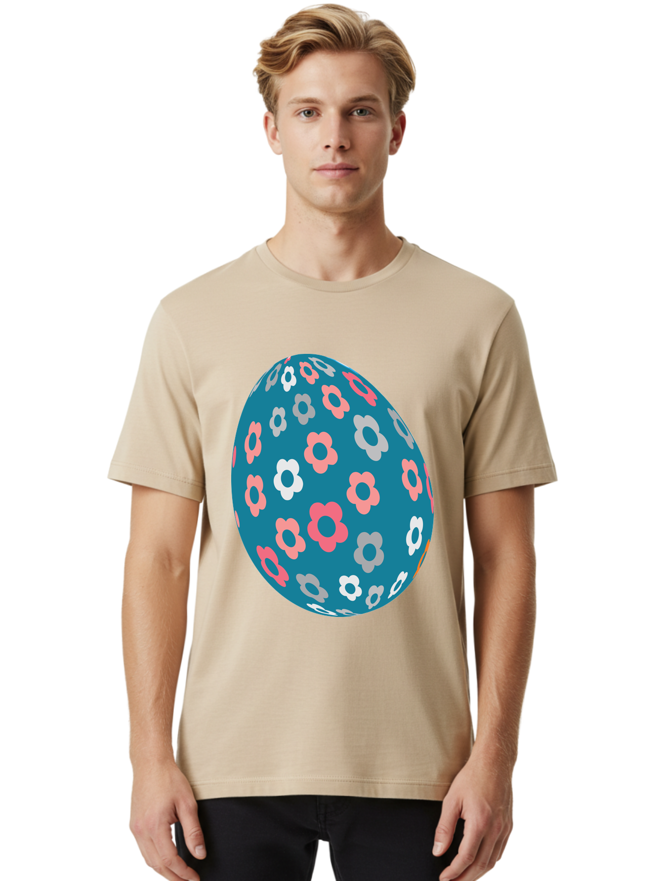 Easter-Egg Men'S Graphic Tee, 100% Cotton, Comfortable Casual Summer Wear, Machine Washable, Blue Easter Egg, Floral Pattern, Pink And White Flowers, Spring Decoration, Easter Egg Decoration, Digital Illustration, Easter Theme, Aac676
