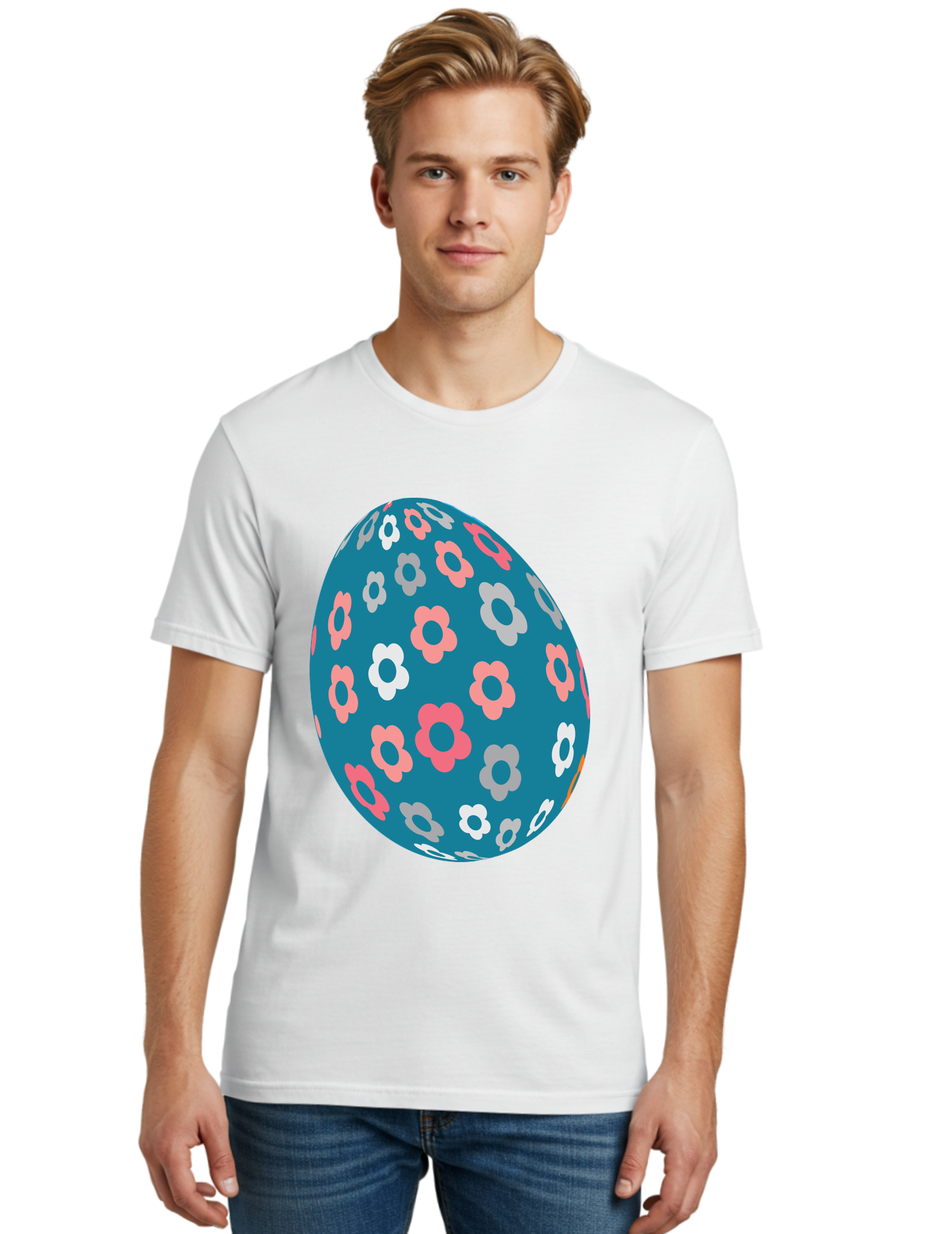 Easter-Egg Men'S Graphic Tee, 100% Cotton, Comfortable Casual Summer Wear, Machine Washable, Blue Easter Egg, Floral Pattern, Pink And White Flowers, Spring Decoration, Easter Egg Decoration, Digital Illustration, Easter Theme, Aac676