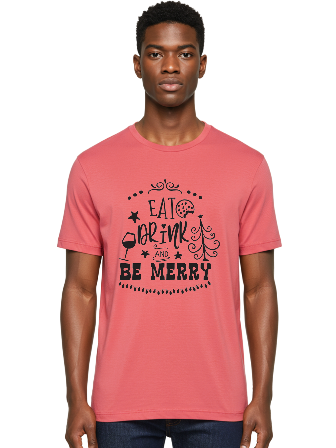 Eat-Drink-And-Be-Merry Men'S Graphic Tee, 100% Cotton, Comfortable Casual Summer Wear, Machine Washable, Holiday Cheer, Festive Vibes, Christmas Celebration, Wine Glass, Cookie, Christmas Tree, Stars, Festive Typography, Joyful Message, Aac679