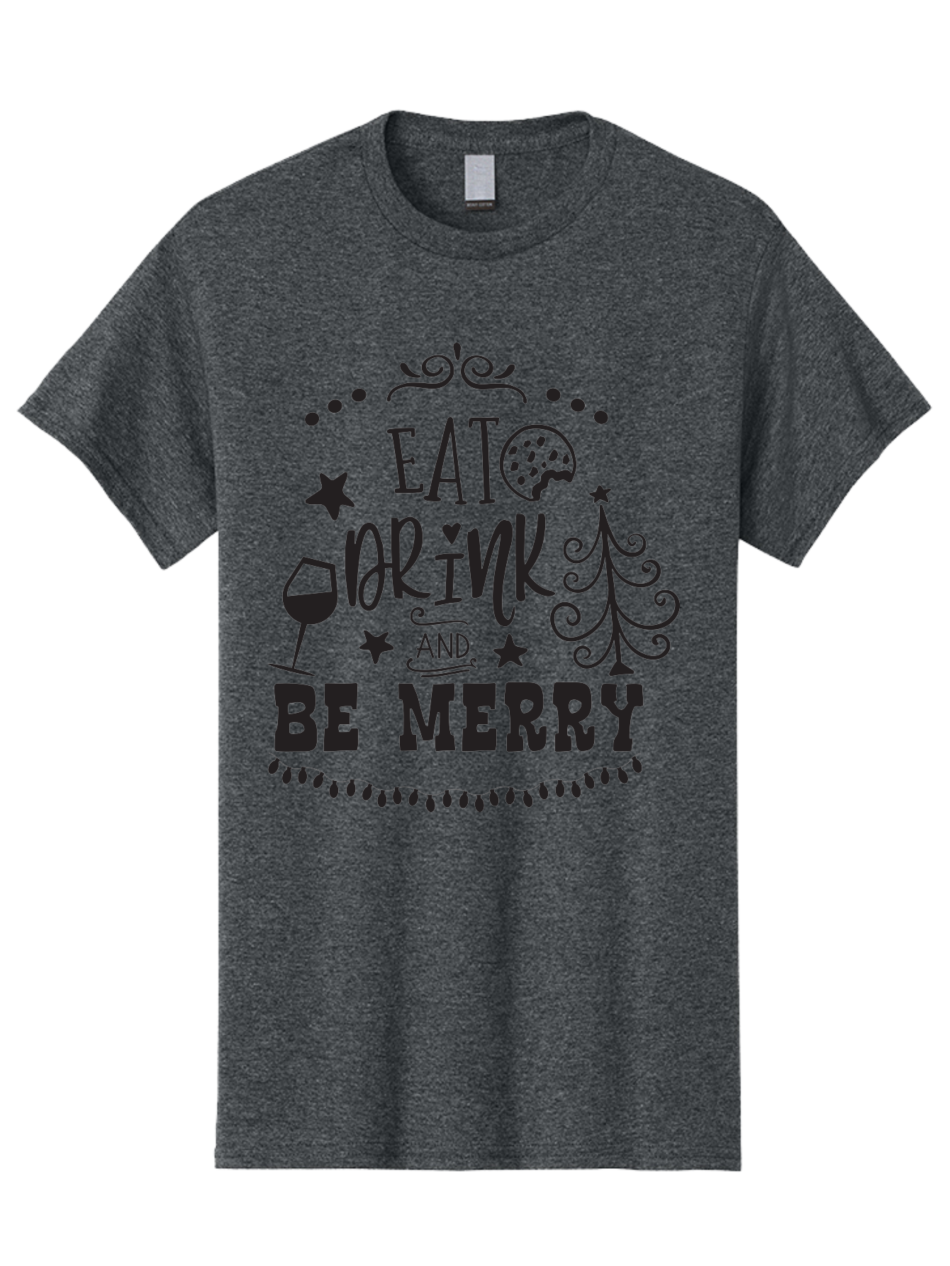 Eat-Drink-And-Be-Merry Men'S Graphic Tee, 100% Cotton, Comfortable Casual Summer Wear, Machine Washable, Holiday Cheer, Festive Vibes, Christmas Celebration, Wine Glass, Cookie, Christmas Tree, Stars, Festive Typography, Joyful Message, Aac679