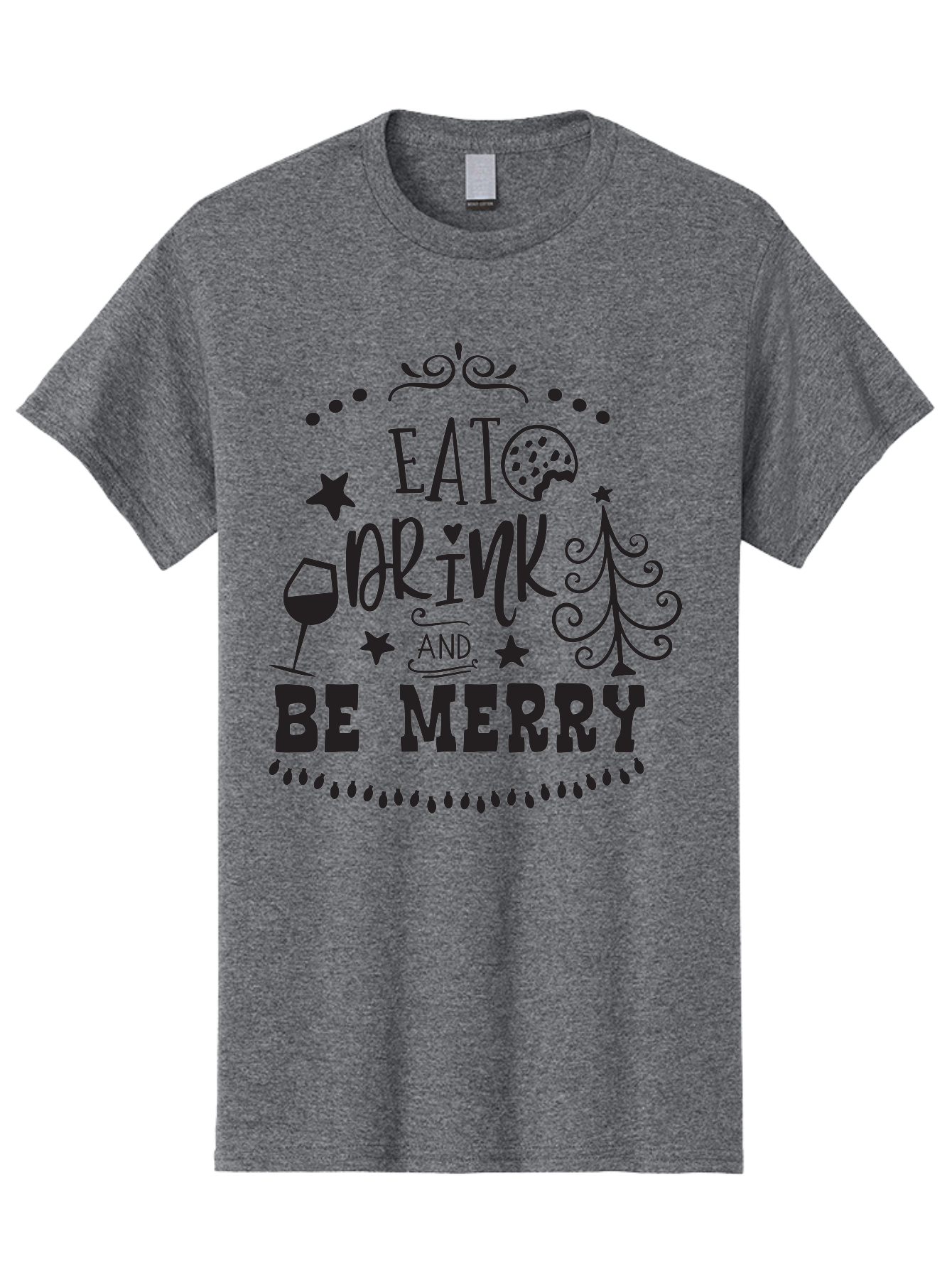 Eat-Drink-And-Be-Merry Men'S Graphic Tee, 100% Cotton, Comfortable Casual Summer Wear, Machine Washable, Holiday Cheer, Festive Vibes, Christmas Celebration, Wine Glass, Cookie, Christmas Tree, Stars, Festive Typography, Joyful Message, Aac679