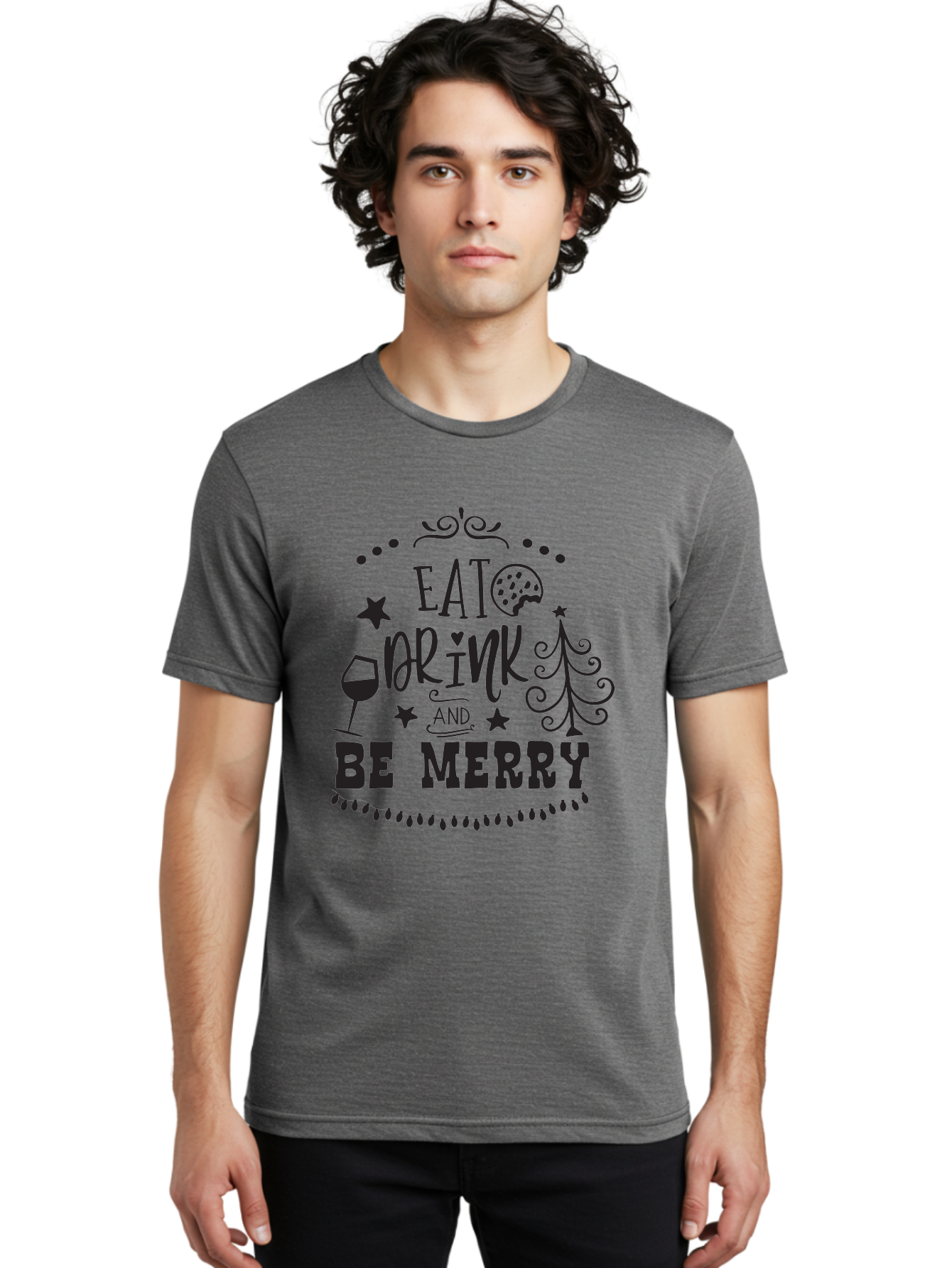 Eat-Drink-And-Be-Merry Men'S Graphic Tee, 100% Cotton, Comfortable Casual Summer Wear, Machine Washable, Holiday Cheer, Festive Vibes, Christmas Celebration, Wine Glass, Cookie, Christmas Tree, Stars, Festive Typography, Joyful Message, Aac679