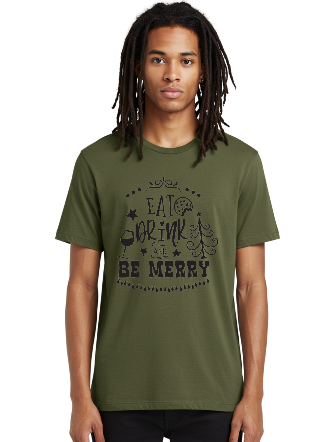 Eat-Drink-And-Be-Merry Men'S Graphic Tee, 100% Cotton, Comfortable Casual Summer Wear, Machine Washable, Holiday Cheer, Festive Vibes, Christmas Celebration, Wine Glass, Cookie, Christmas Tree, Stars, Festive Typography, Joyful Message, Aac679