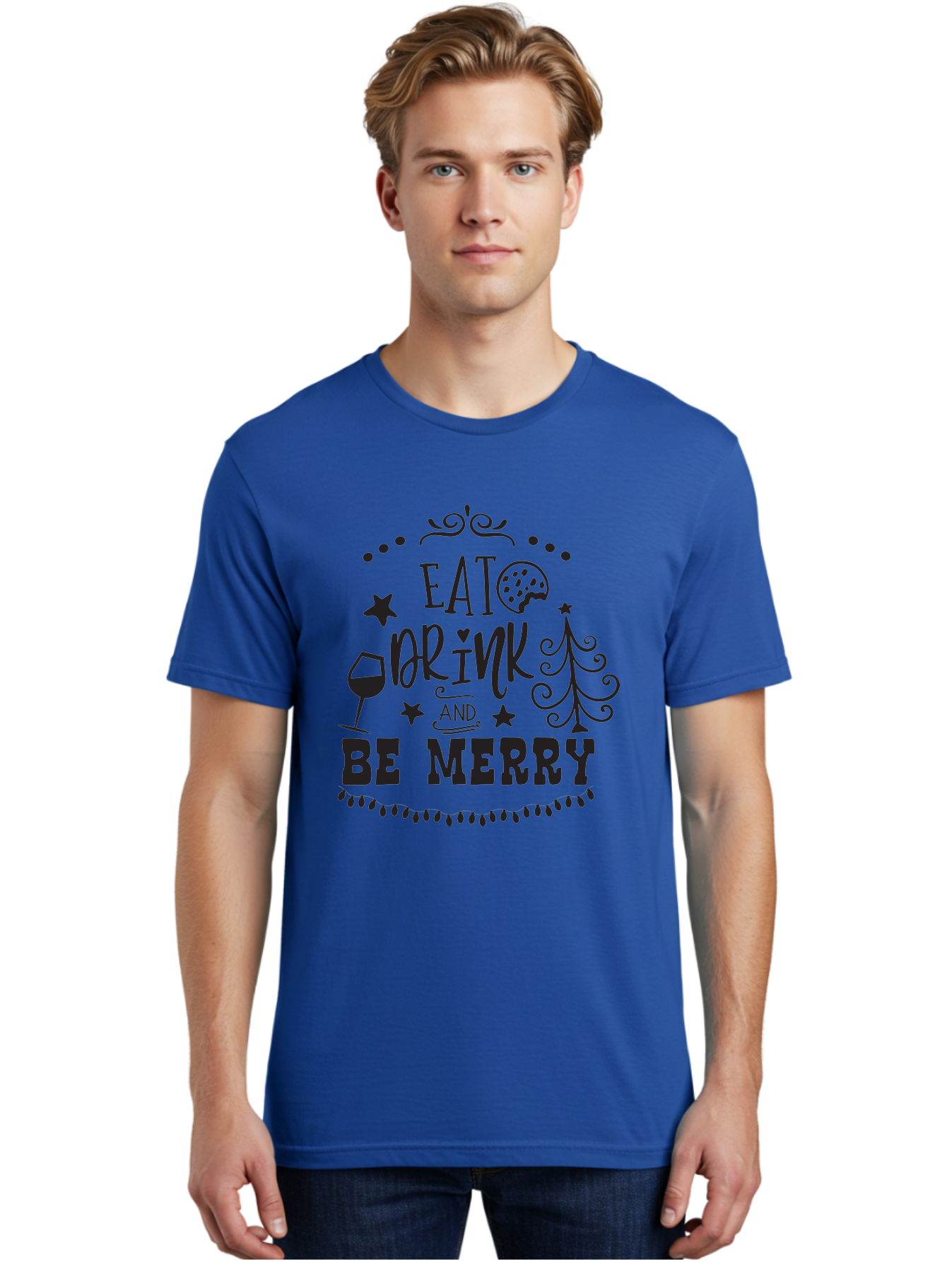 Eat-Drink-And-Be-Merry Men'S Graphic Tee, 100% Cotton, Comfortable Casual Summer Wear, Machine Washable, Holiday Cheer, Festive Vibes, Christmas Celebration, Wine Glass, Cookie, Christmas Tree, Stars, Festive Typography, Joyful Message, Aac679