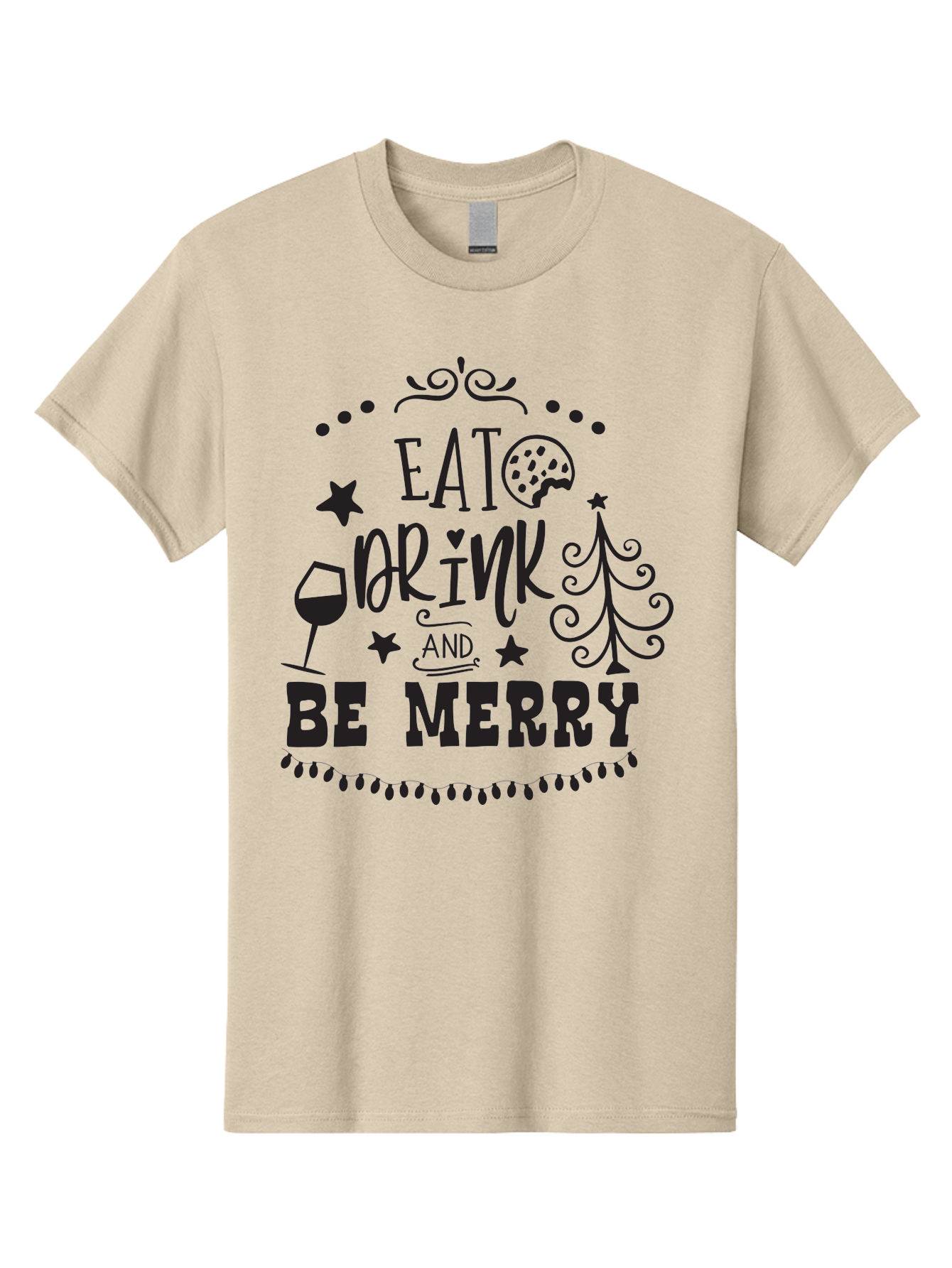 Eat-Drink-And-Be-Merry Men'S Graphic Tee, 100% Cotton, Comfortable Casual Summer Wear, Machine Washable, Holiday Cheer, Festive Vibes, Christmas Celebration, Wine Glass, Cookie, Christmas Tree, Stars, Festive Typography, Joyful Message, Aac679
