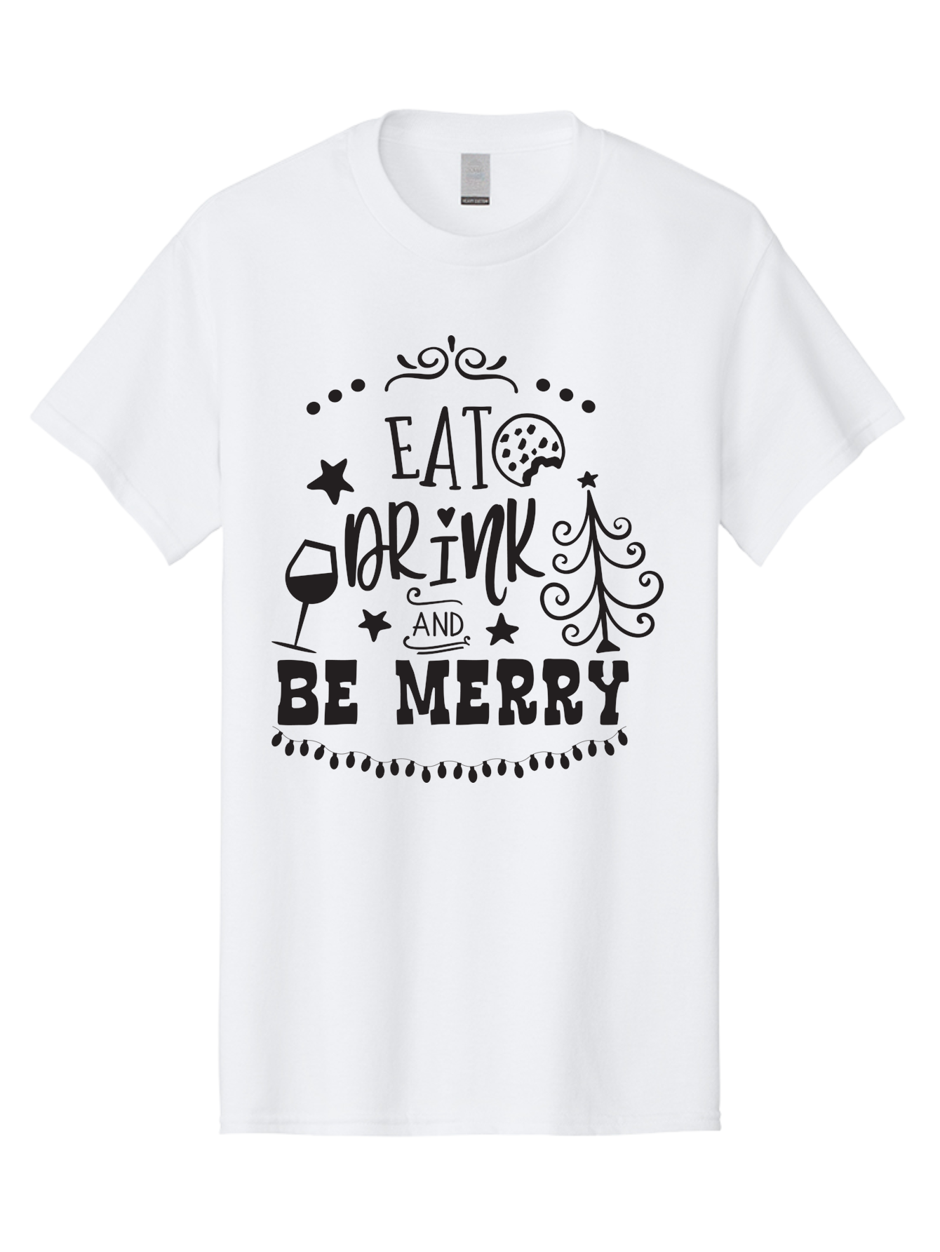 Eat-Drink-And-Be-Merry Men'S Graphic Tee, 100% Cotton, Comfortable Casual Summer Wear, Machine Washable, Holiday Cheer, Festive Vibes, Christmas Celebration, Wine Glass, Cookie, Christmas Tree, Stars, Festive Typography, Joyful Message, Aac679