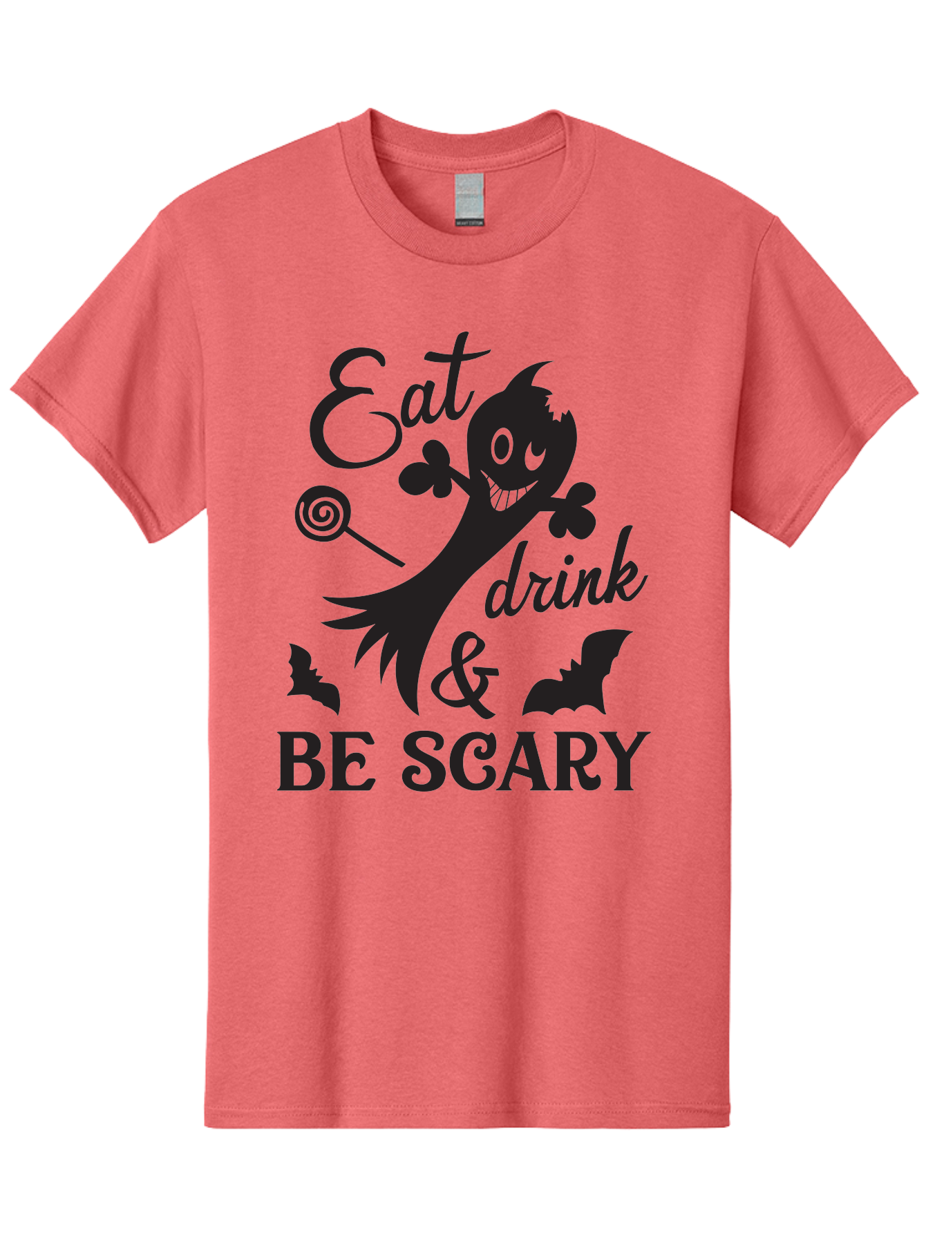 Eat-Drink-Be-Scary Men'S Graphic Tee, 100% Cotton, Comfortable Casual Summer Wear, Machine Washable, Halloween Design, Spooky T-Shirt, Halloween Quote, Eat Drink & Be Scary, Black Silhouette, Halloween Bats, Lollipop, Halloween Decorations, Aac680